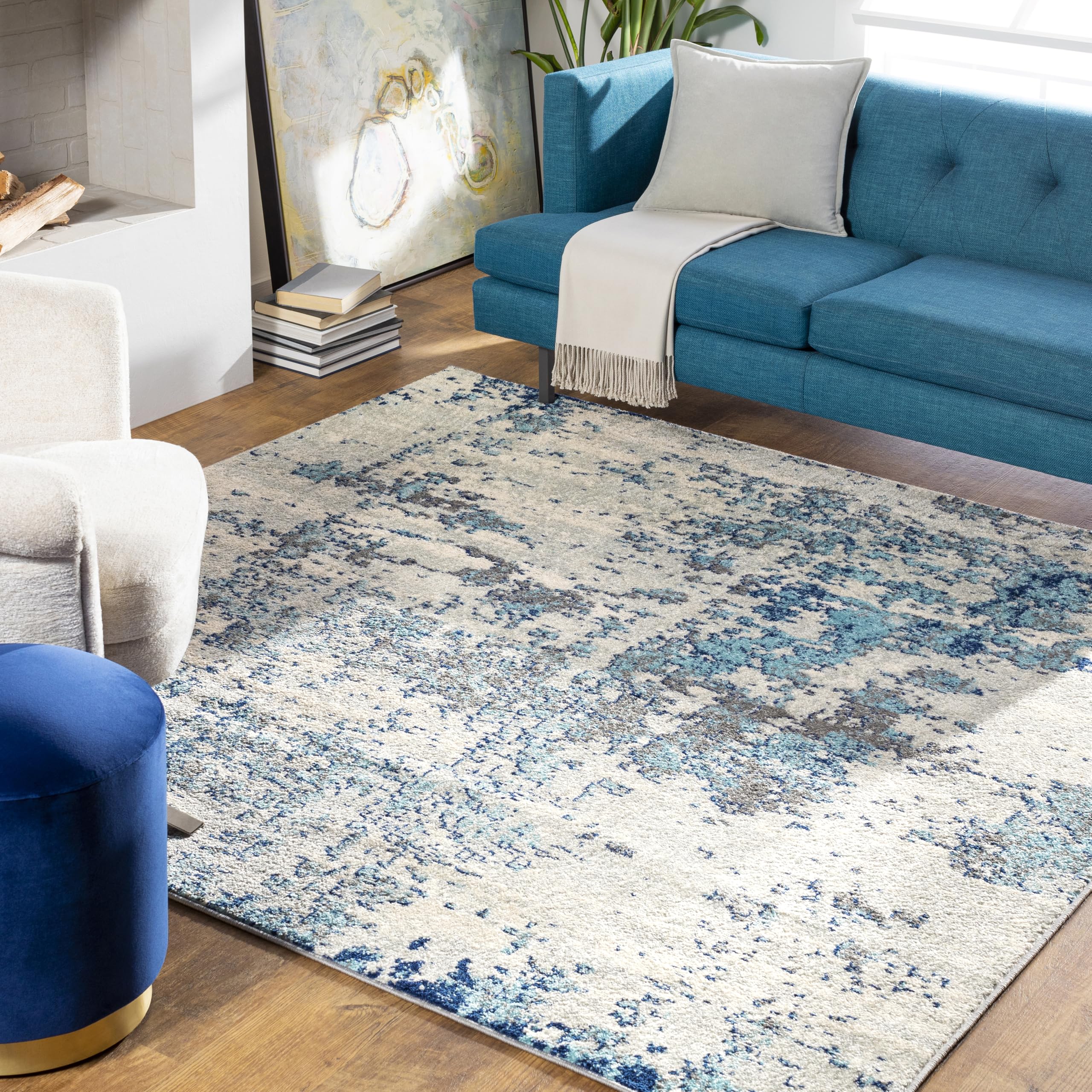 Livabliss Arti Modern Abstract Area Rug,67 Square,Dark Blue/Aqua
