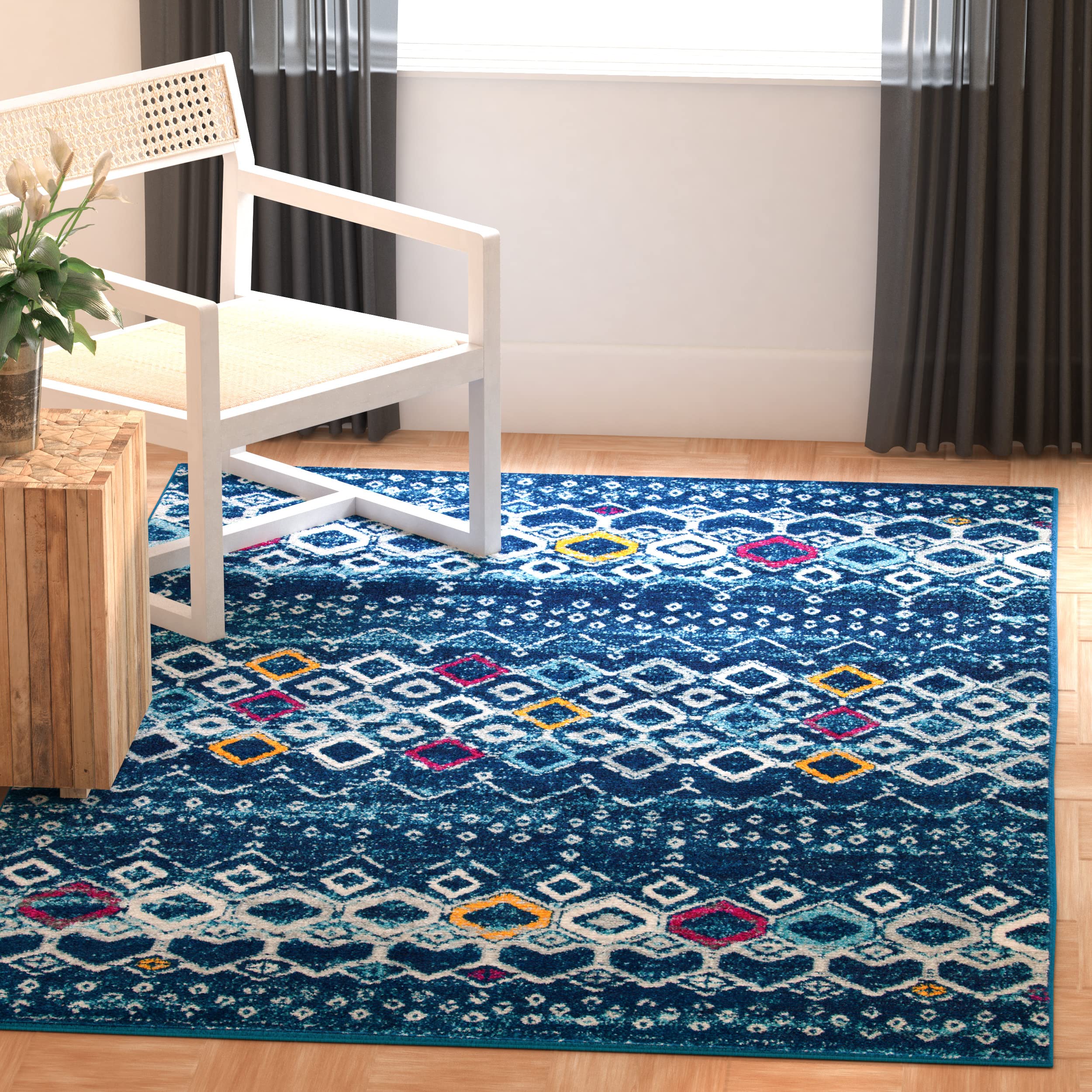 SAFAVIEH Amsterdam Collection 51 Square Navy/Turquoise AMS108M Moroccan Boho Non-Shedding Living Room Dining Bedroom Area Rug