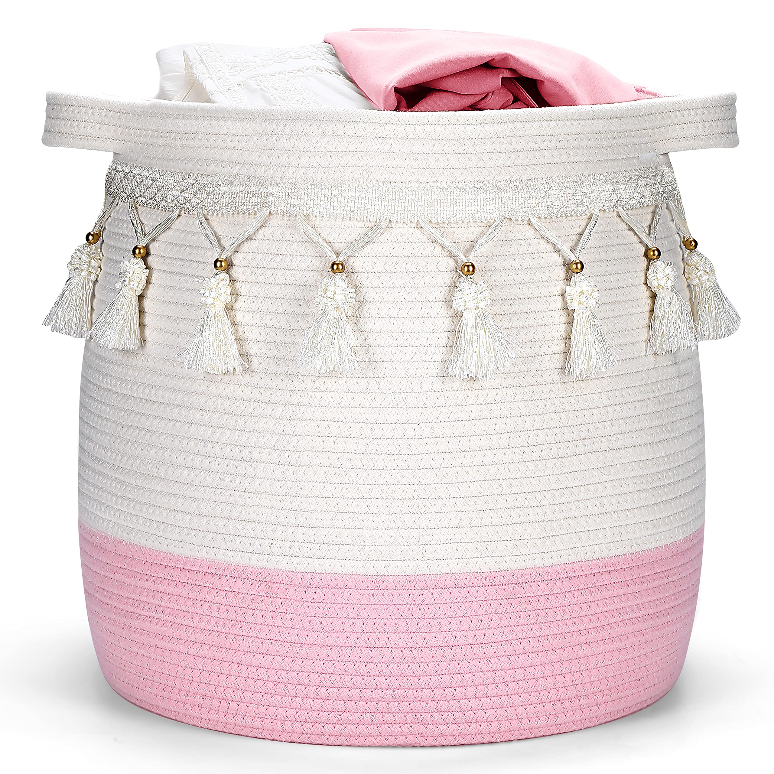 Childishness Ndup Large Cotton Rope Basket, Tassel Woven Storage Basket For Toy, Laundry And Blanket Organizer Basket, Round Ham