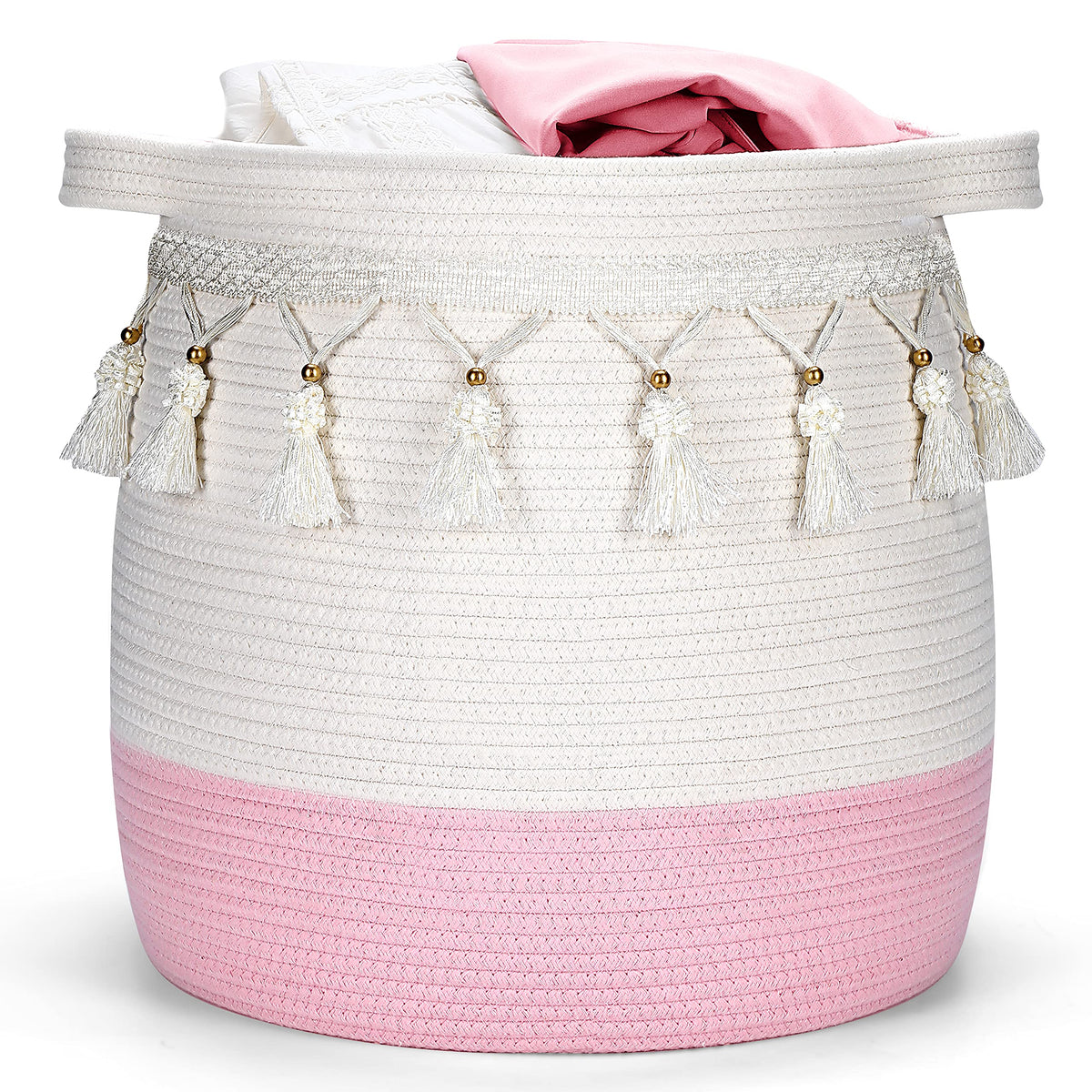 Childishness Ndup Large Cotton Rope Basket, Tassel Woven Storage Basket For Toy, Laundry And Blanket Organizer Basket, Round Ham