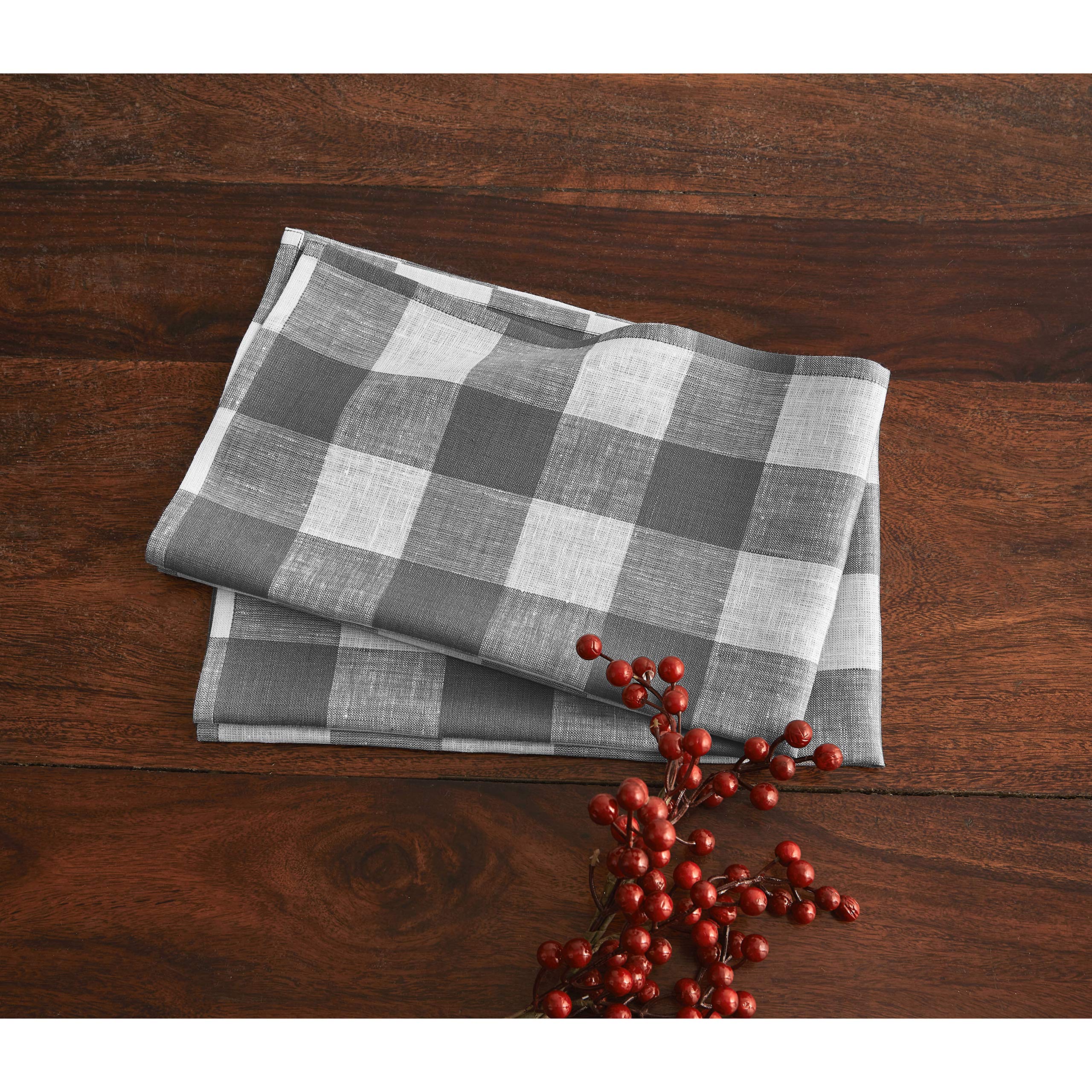 Solino Home Linen Kitchen Towels Set Of 2 - Grey And White 17 X 26 Inch - 100% Pure Linen Buffalo Check Kitchen/Tea Towels - Mac