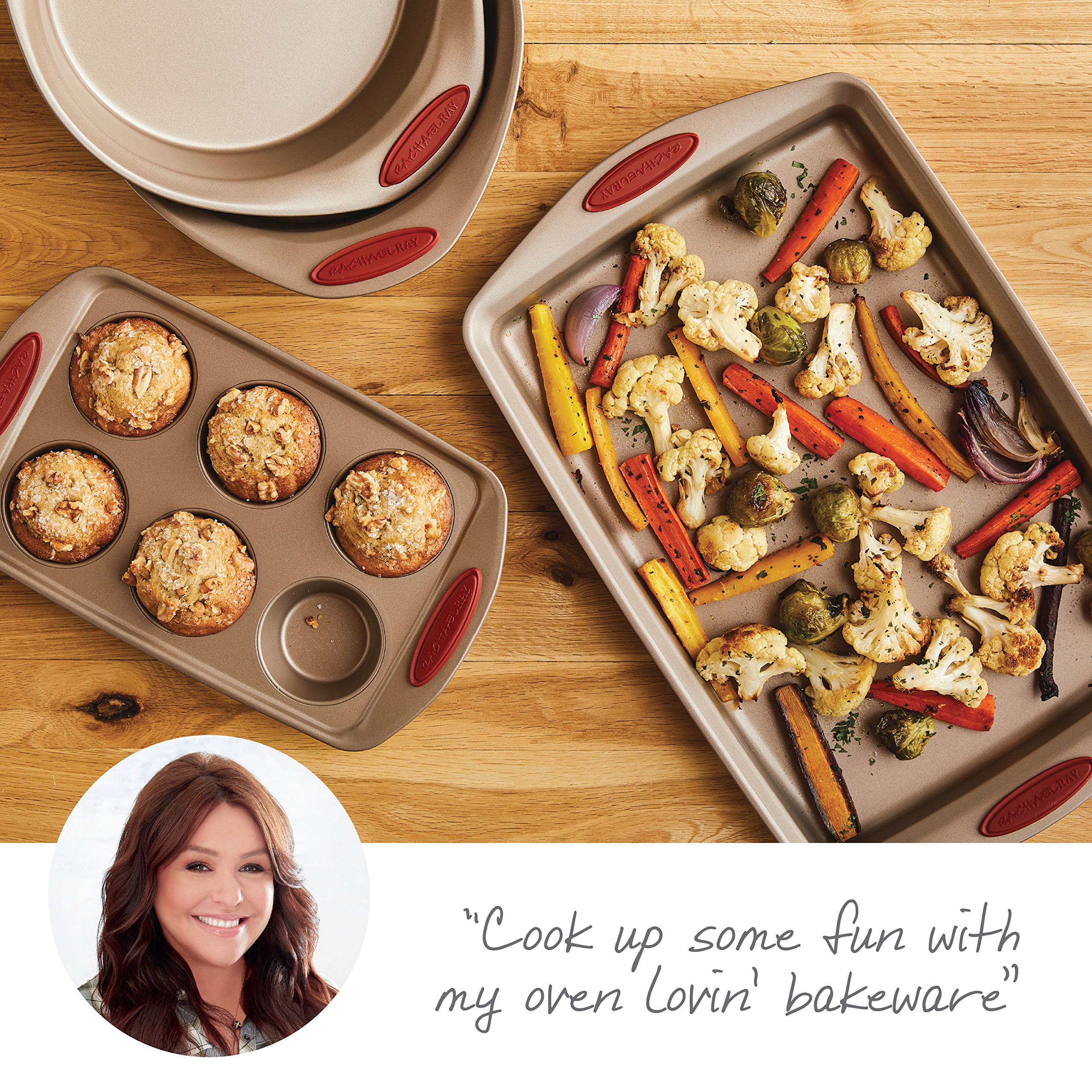Rachael Ray Cucina Bakeware Set Includes Nonstick Cake Cookie Baking Sheet And Muffin Cupcake Pan, 4 Piece, Latte Brown With Cra