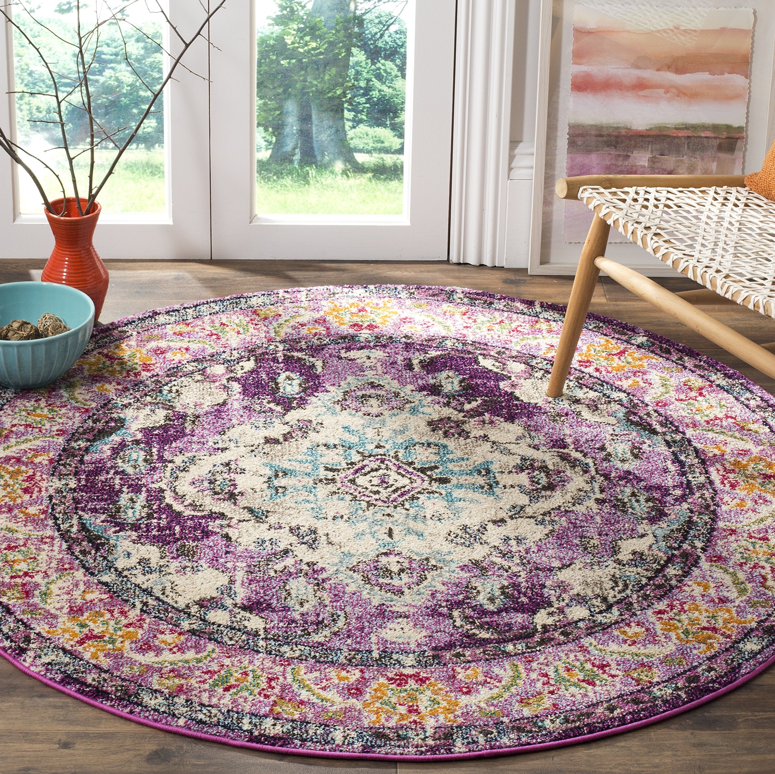 SAFAVIEH Monaco Collection Area Rug - 5 Round, Violet & Light Blue, Boho Chic Medallion Distressed Design, Non-Shedding & Easy 