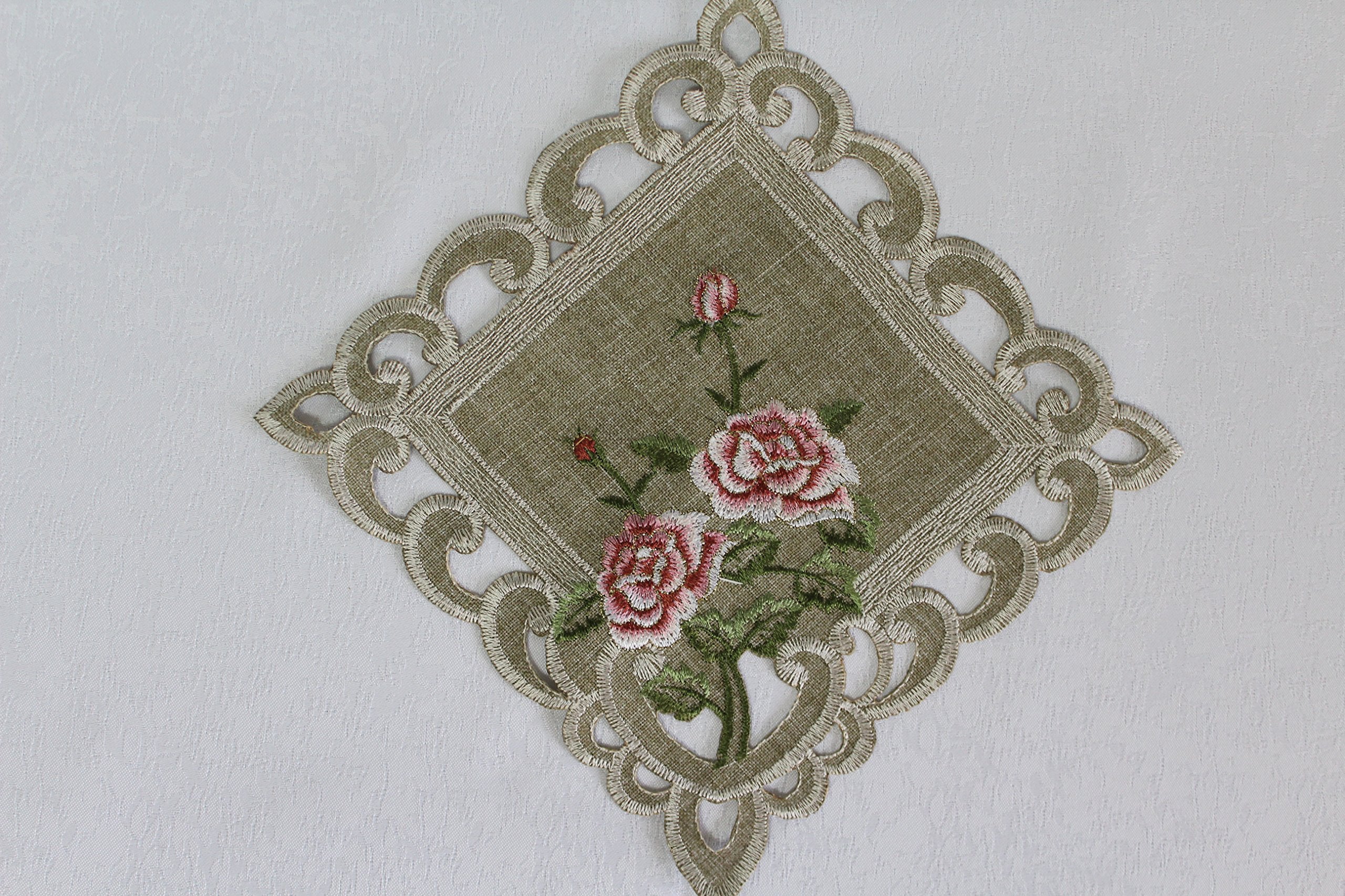 Doily Boutique Square Doily Or Placemat With A Pink Rose And Sage Green Burlap Linen Material, Size 11 Inches