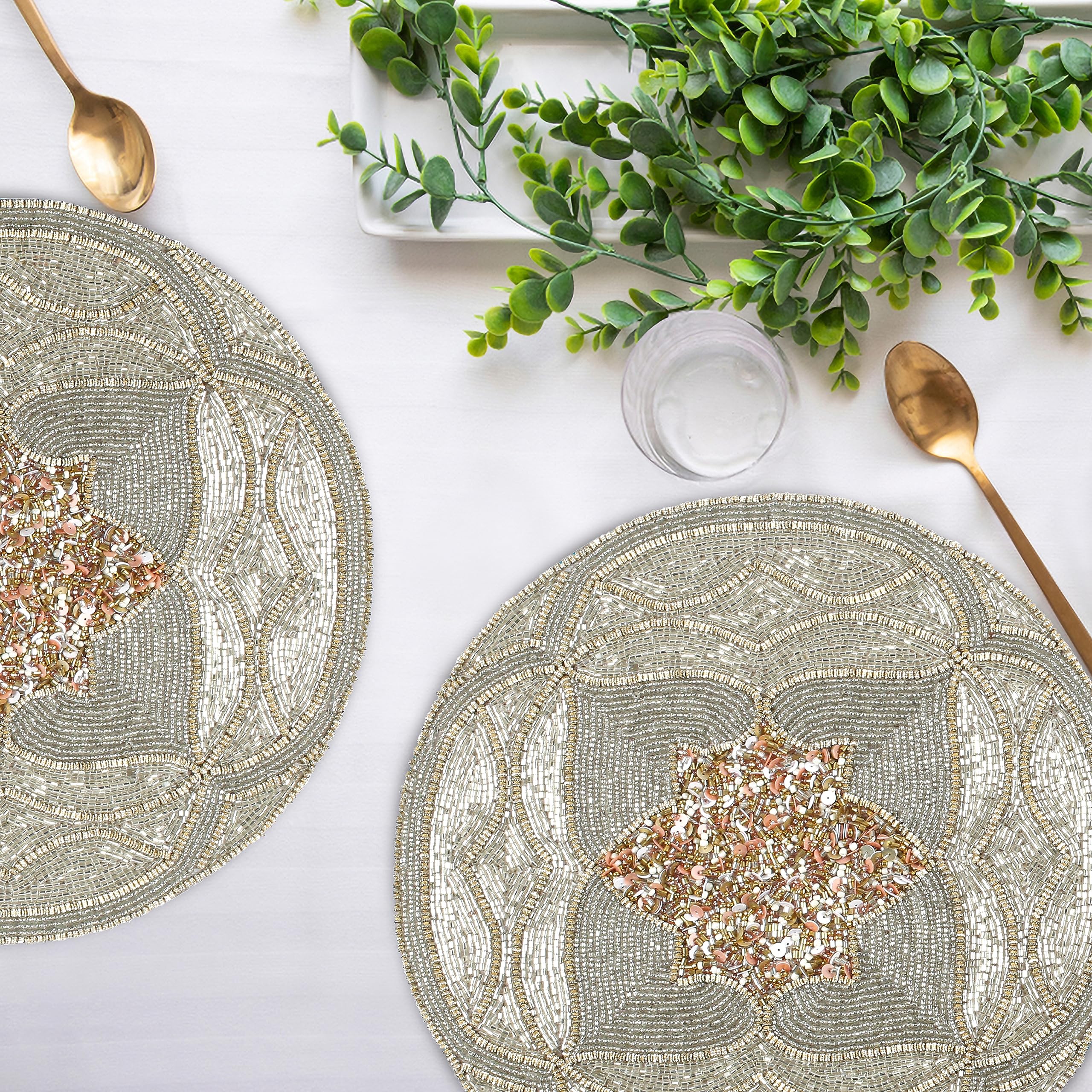 Homebia Designs Handmade Beaded Placemat Charger, 13 Inch Round, Set Of 2, Beautiful Decorative Dining Table Placemat For Your D