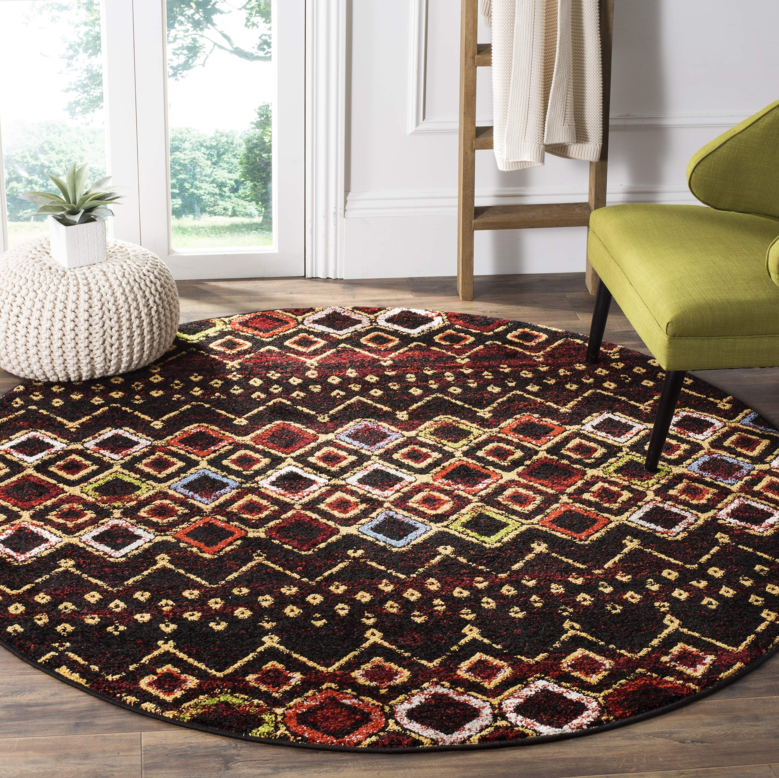 SAFAVIEH Amsterdam Collection 10 Round Black/Multi AMS108P Moroccan Boho Non-Shedding Entryway Foyer Living Room Bedroom Kitche