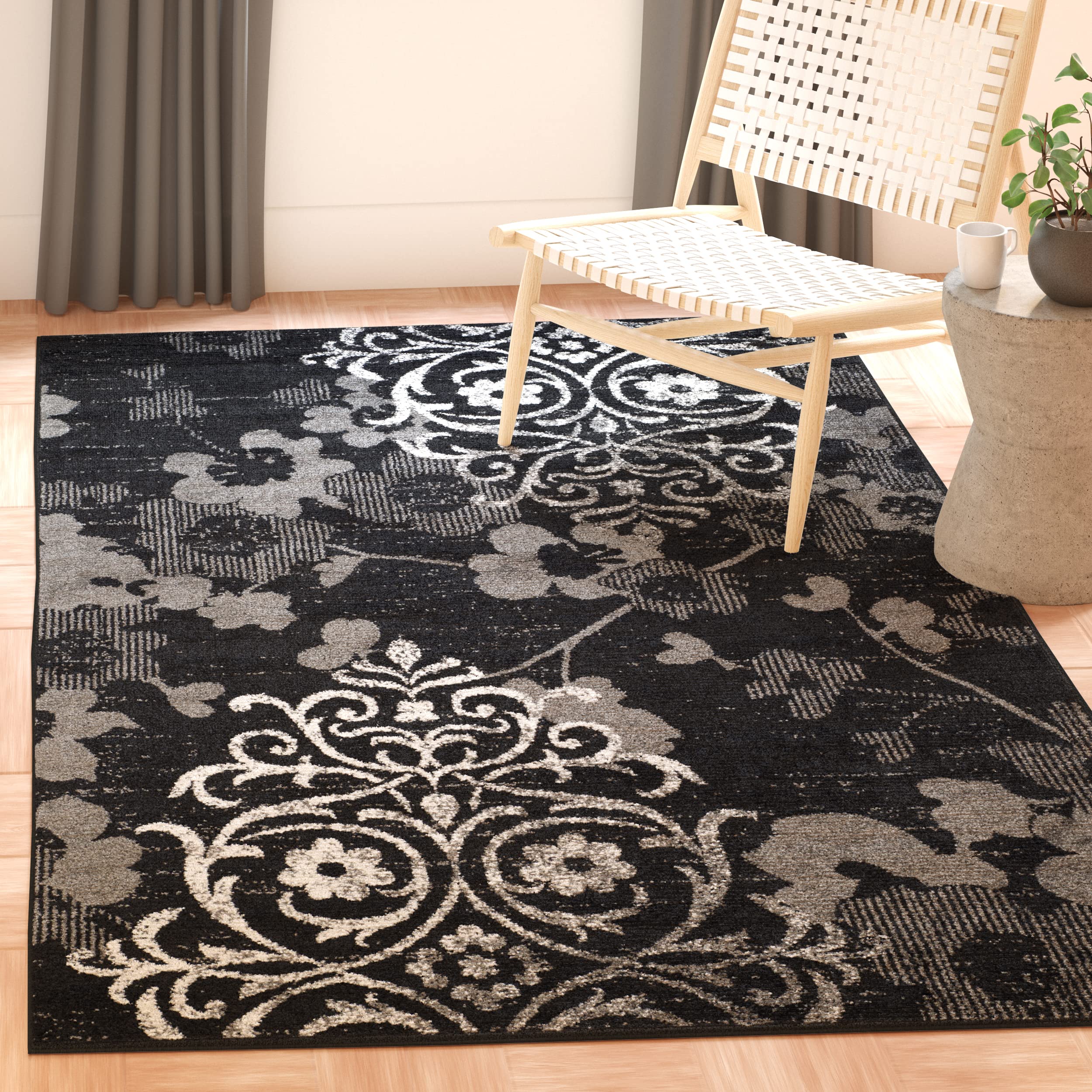 SAFAVIEH Adirondack Collection 3 Square Black/Silver ADR114A Floral Glam Damask Distressed Non-Shedding Living Room Bedroom Ent