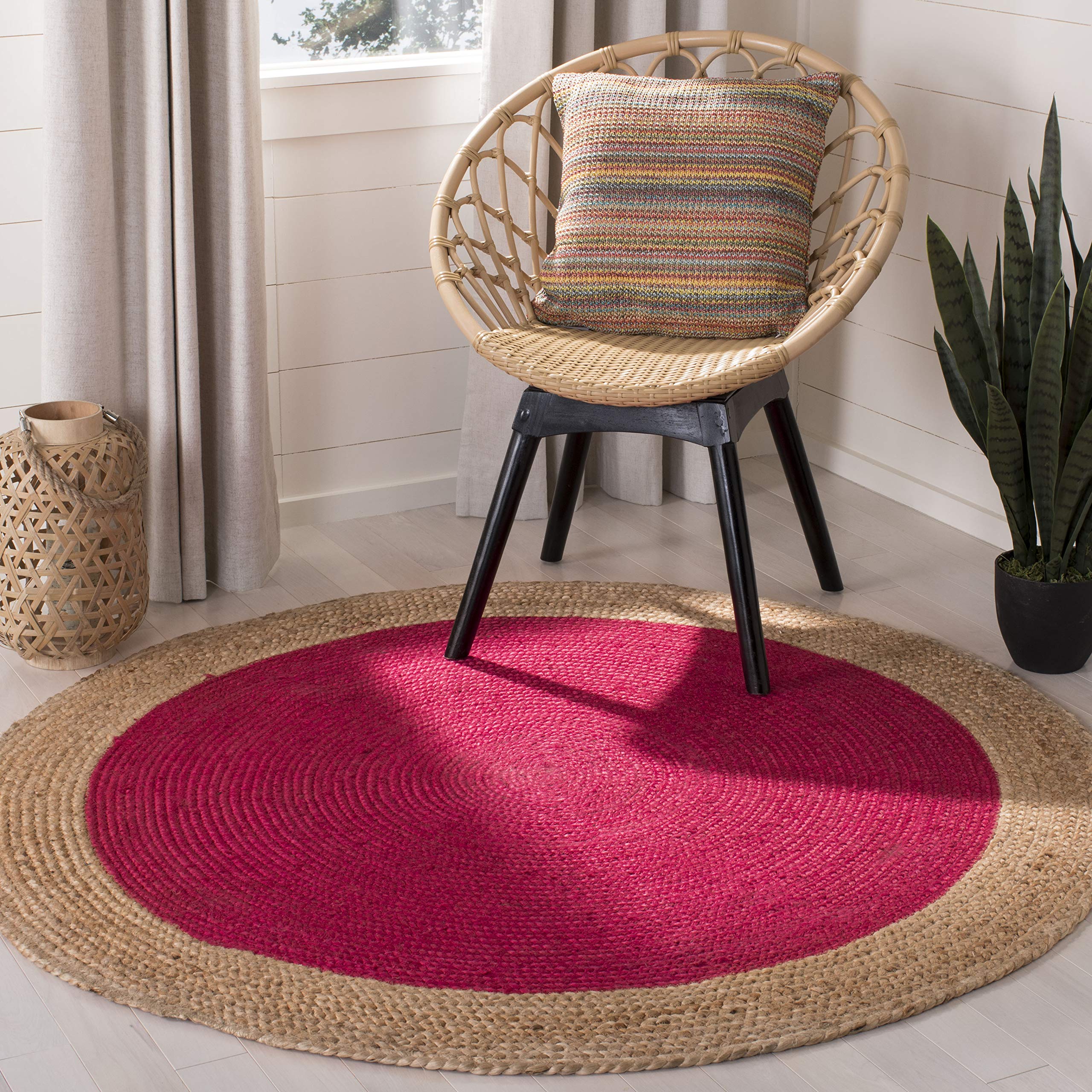 SAFAVIEH Natural Fiber Collection Area Rug - 8 Round, Fuchsia & Natural, Handmade Boho Braided Jute, Ideal for High Traffic Are
