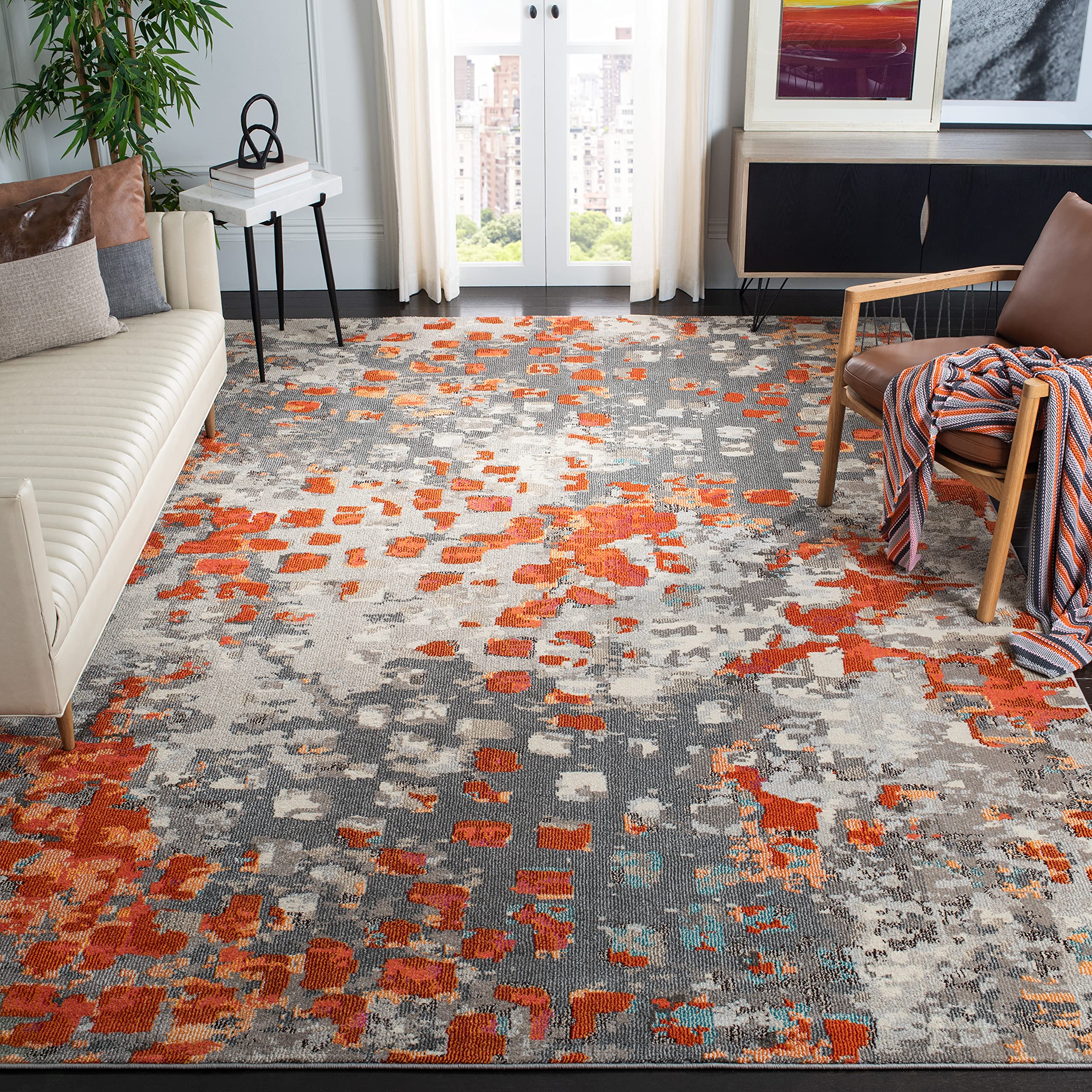 SAFAVIEH Monaco Collection 9 x 12 GreyOrange MNC225H Boho Chic Abstract Watercolor Non-Shedding Living Room Bedroom Dining Hom