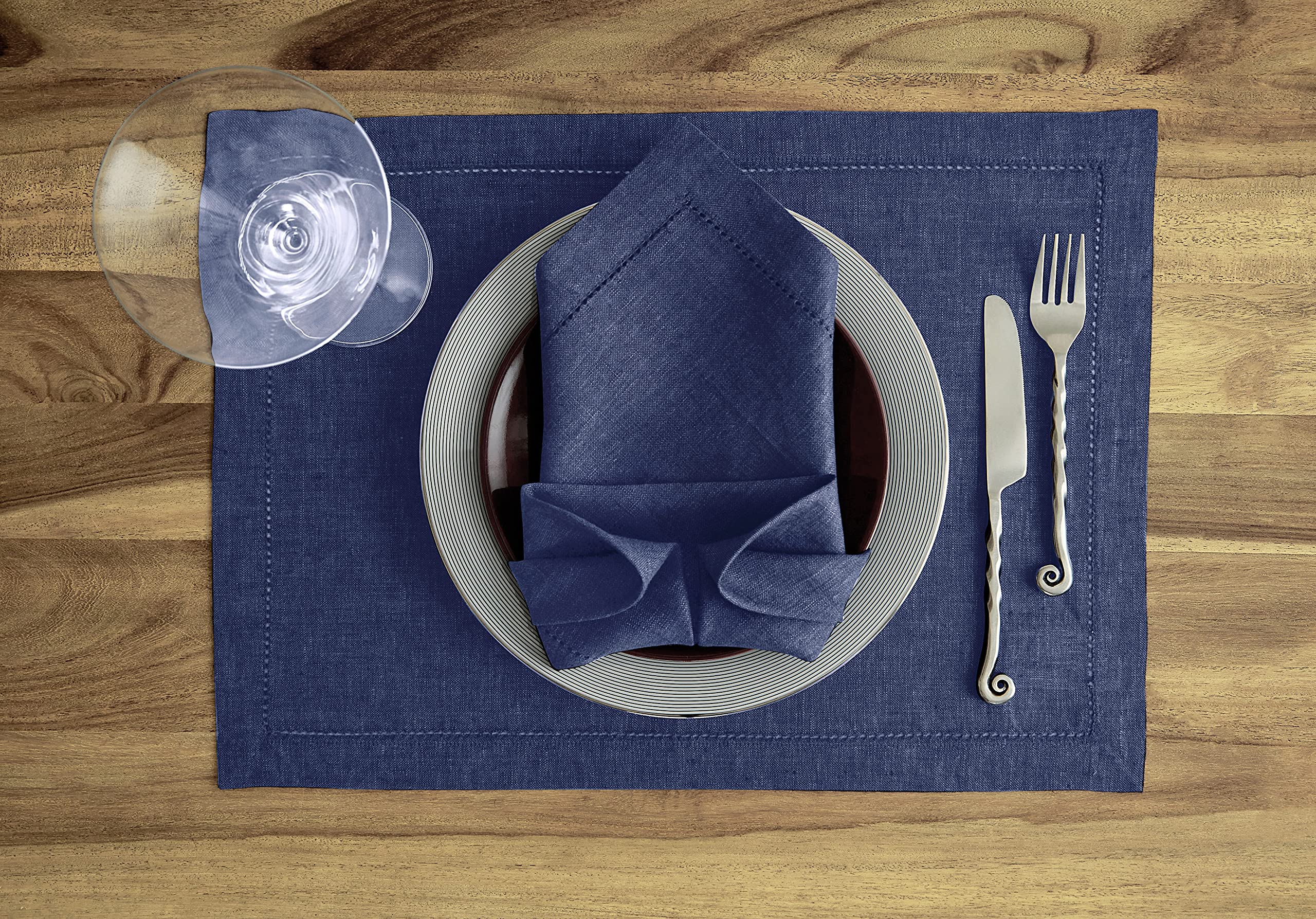 Solino Home Linen Placemats Chambray Navy - 100% Pure Linen Hemstitch Tablemats 14 x 19 Inch - Milan Set of 4 Placemats for Memorial Day  Summer - Machine Washable  Handcrafted from European Flax