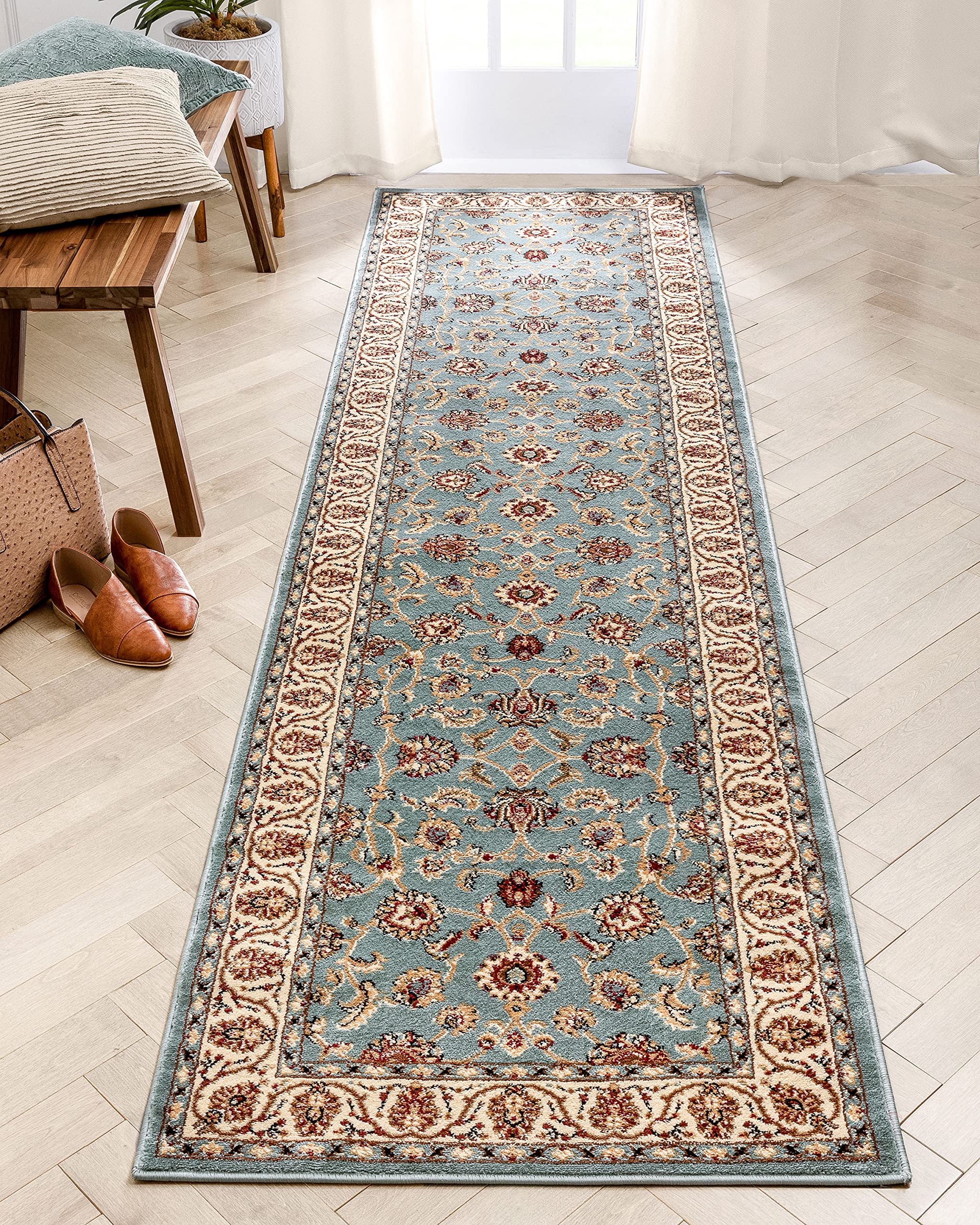Well Woven Barclay Collection Sarouk Light Blue 3x10 Runner Rug - for Hallways, Kitchens, and Entryways