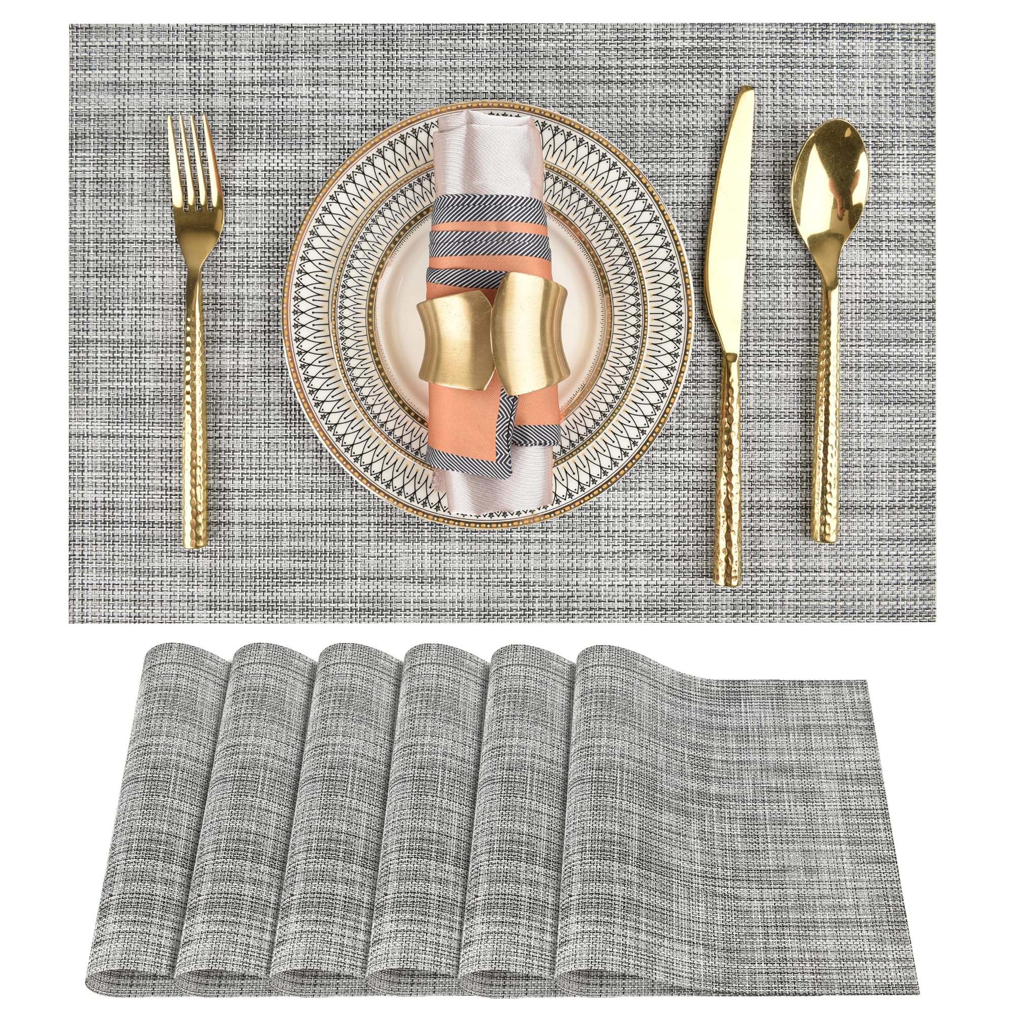 SLKQG Gray Placemats Set of 6 - Easy Clean Washable Vinyl Placemats - Wipeable Heat Resistant Table Mats for Dining Table - 17.7