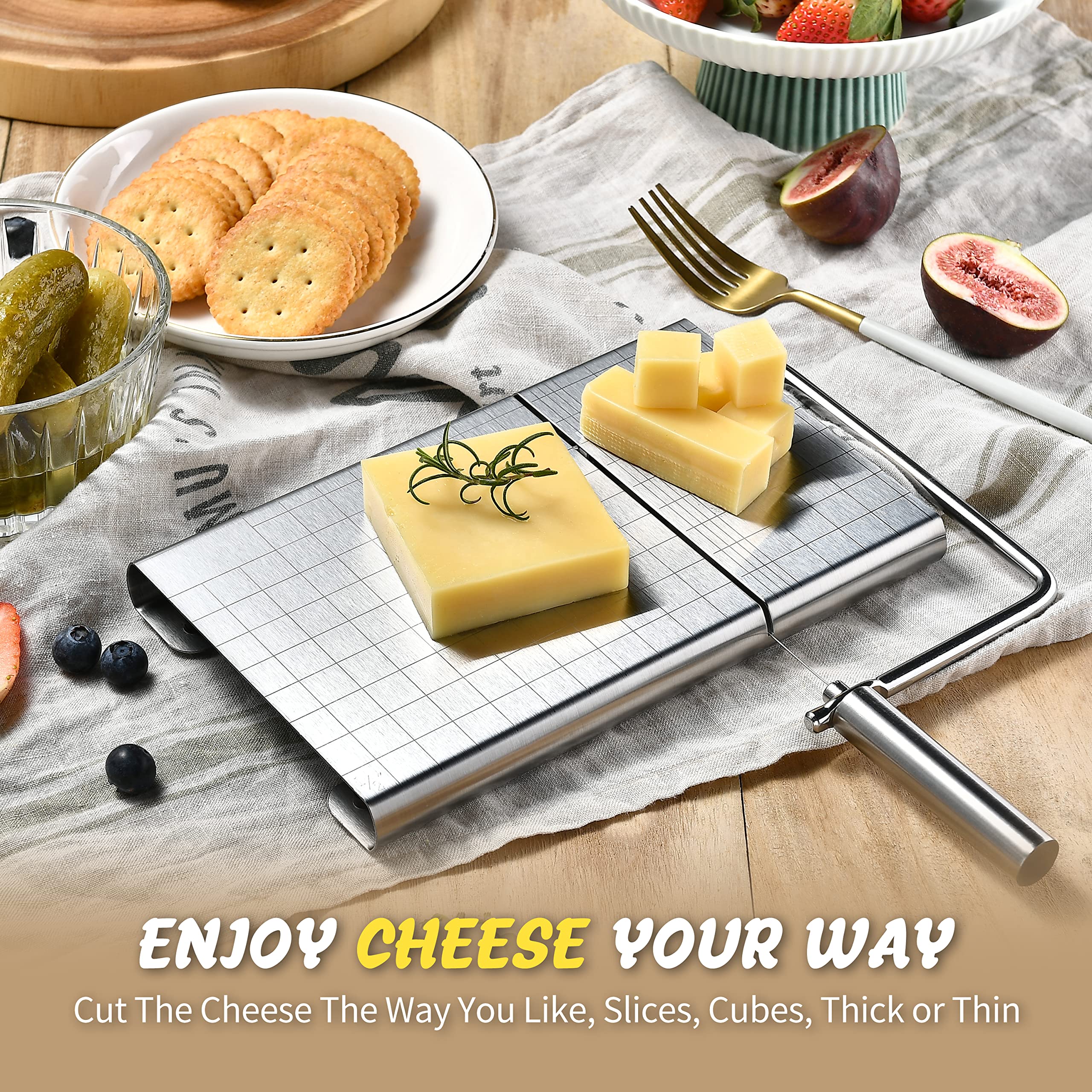 Cocoboss Wire Cheese Slicer For Block Cheese Heavy Duty, Multifunctional Adjustable Cheese Cutter With 15 Replacement Wires - St