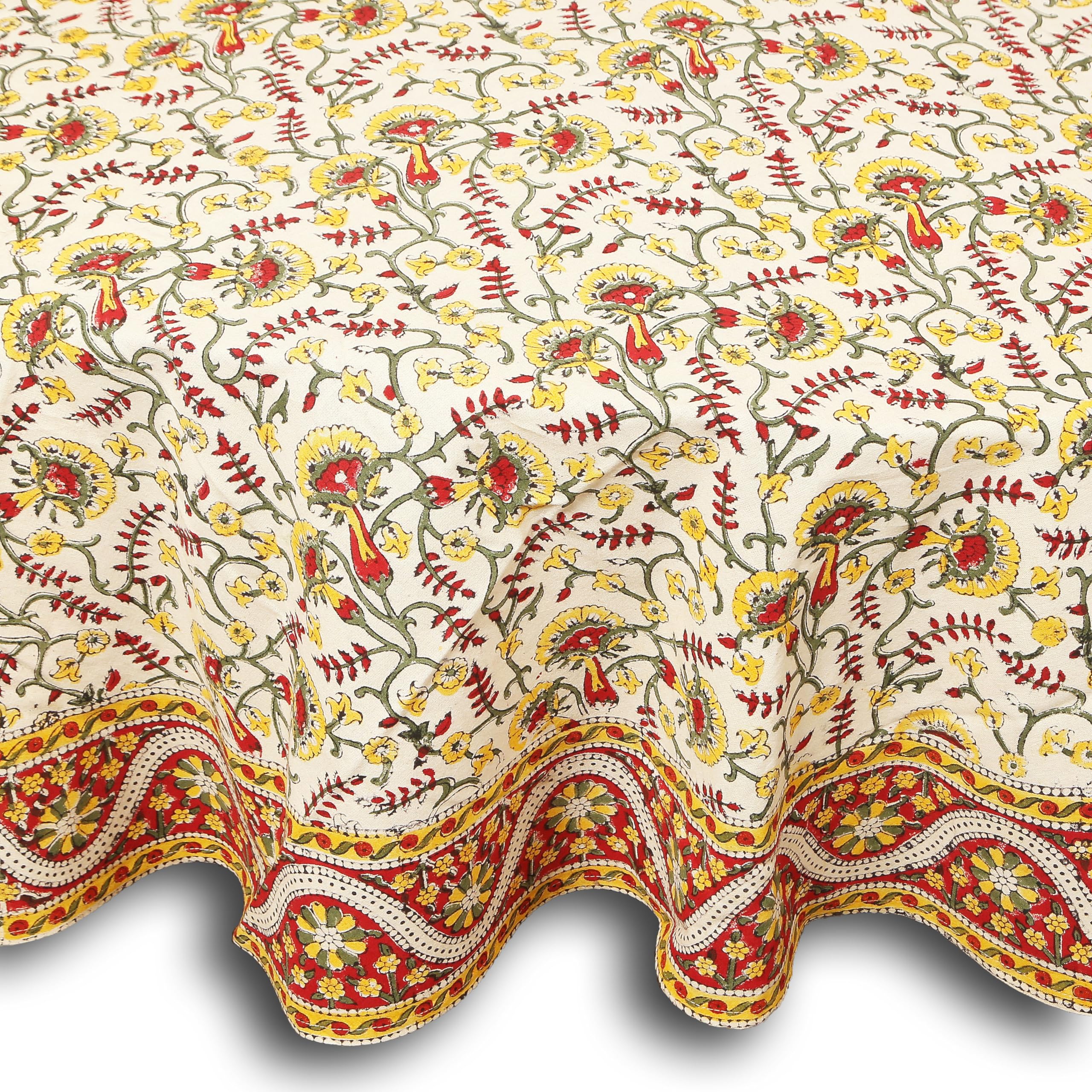 India Arts Hand Block Print Tablecloth Round 72 Inch, 100% Cotton Red Yellow Floral Table Cloth For Kitchen Dining Linen, Weddin