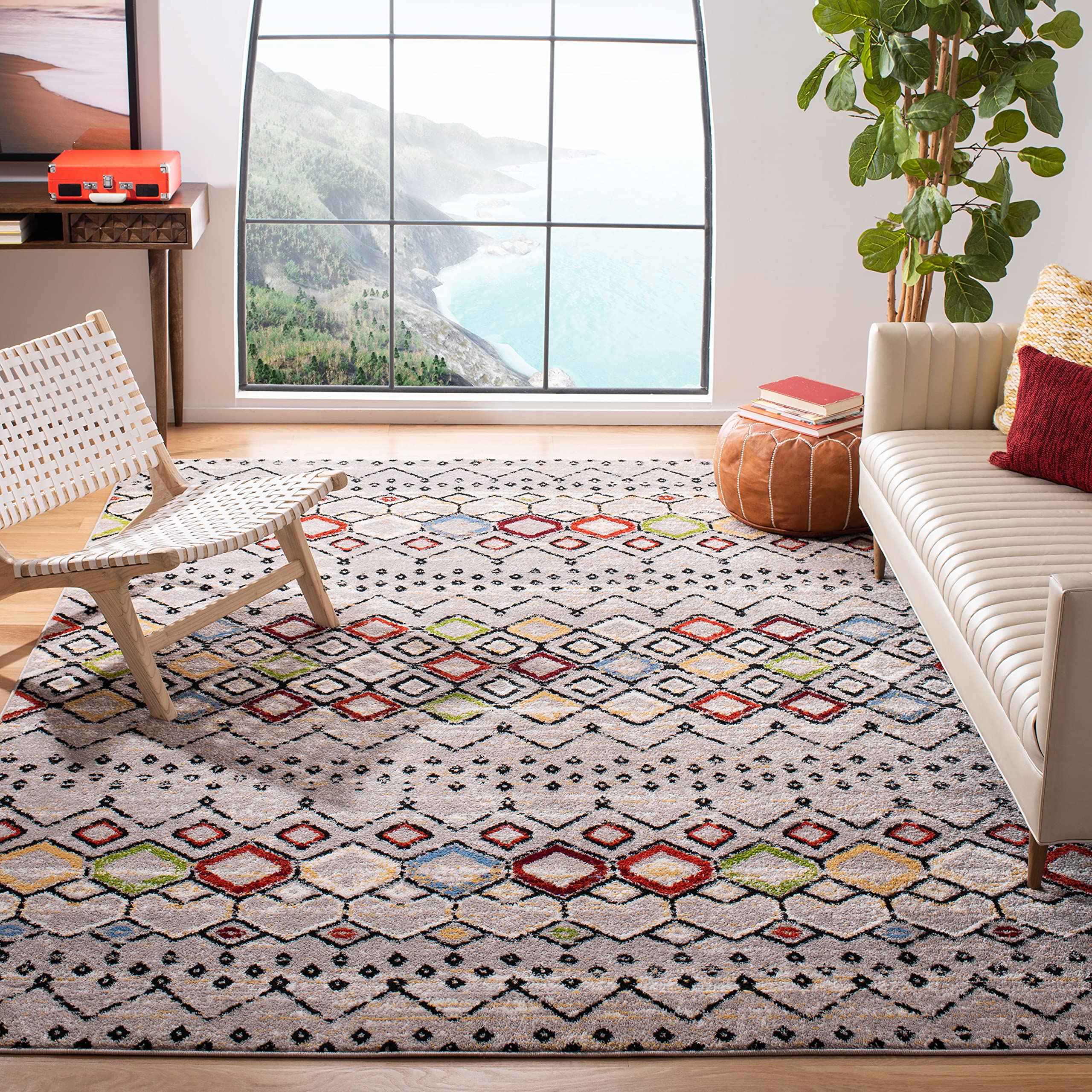 SAFAVIEH Amsterdam Collection X-Large Area Rug - 11 x 15, Light Grey & Multi, Moroccan Boho Design, Non-Shedding & Easy Care, 
