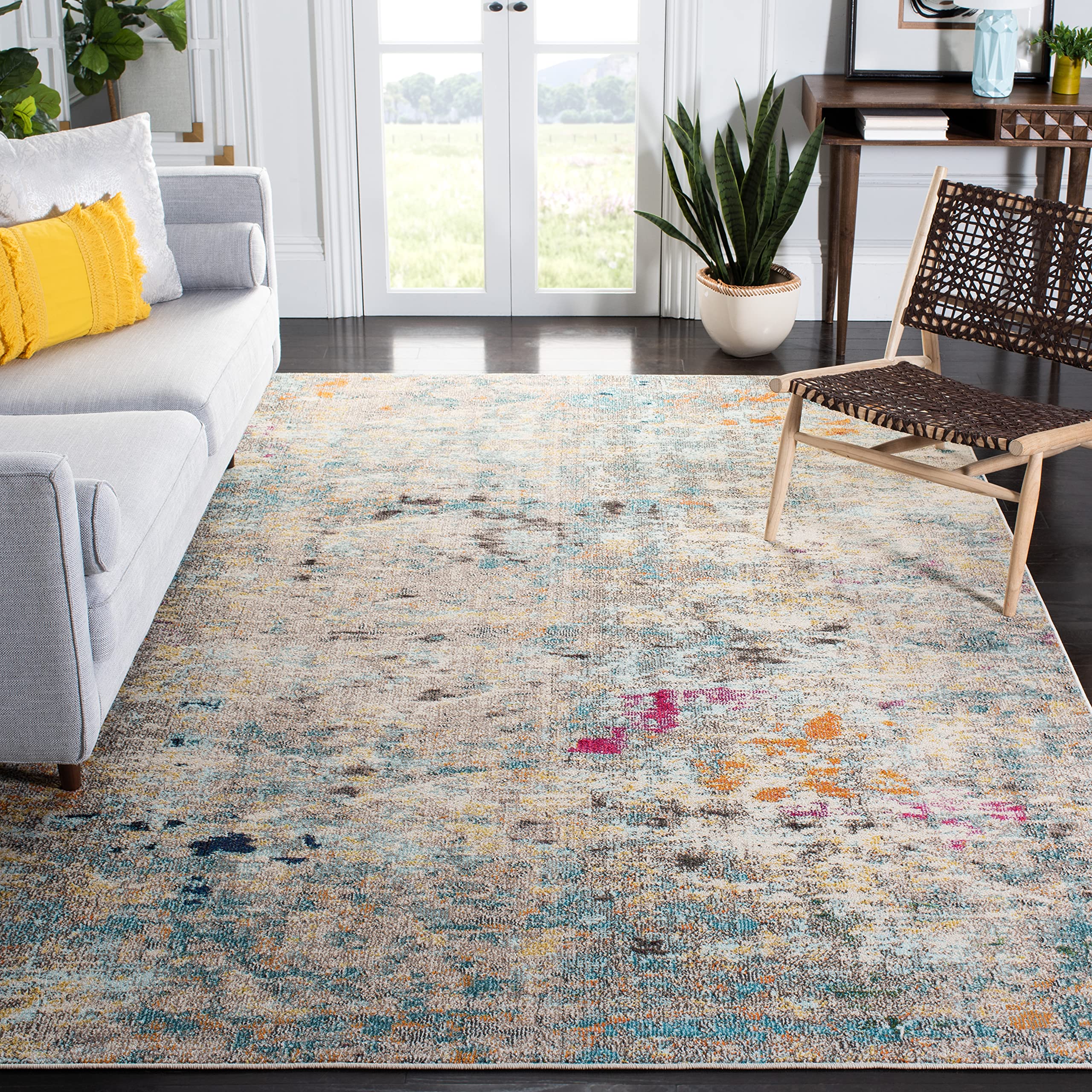 SAFAVIEH Madison Collection Area Rug - 67 Square, Grey & Gold, Boho Abstract Distressed Design, Non-Shedding & Easy Care, Ideal