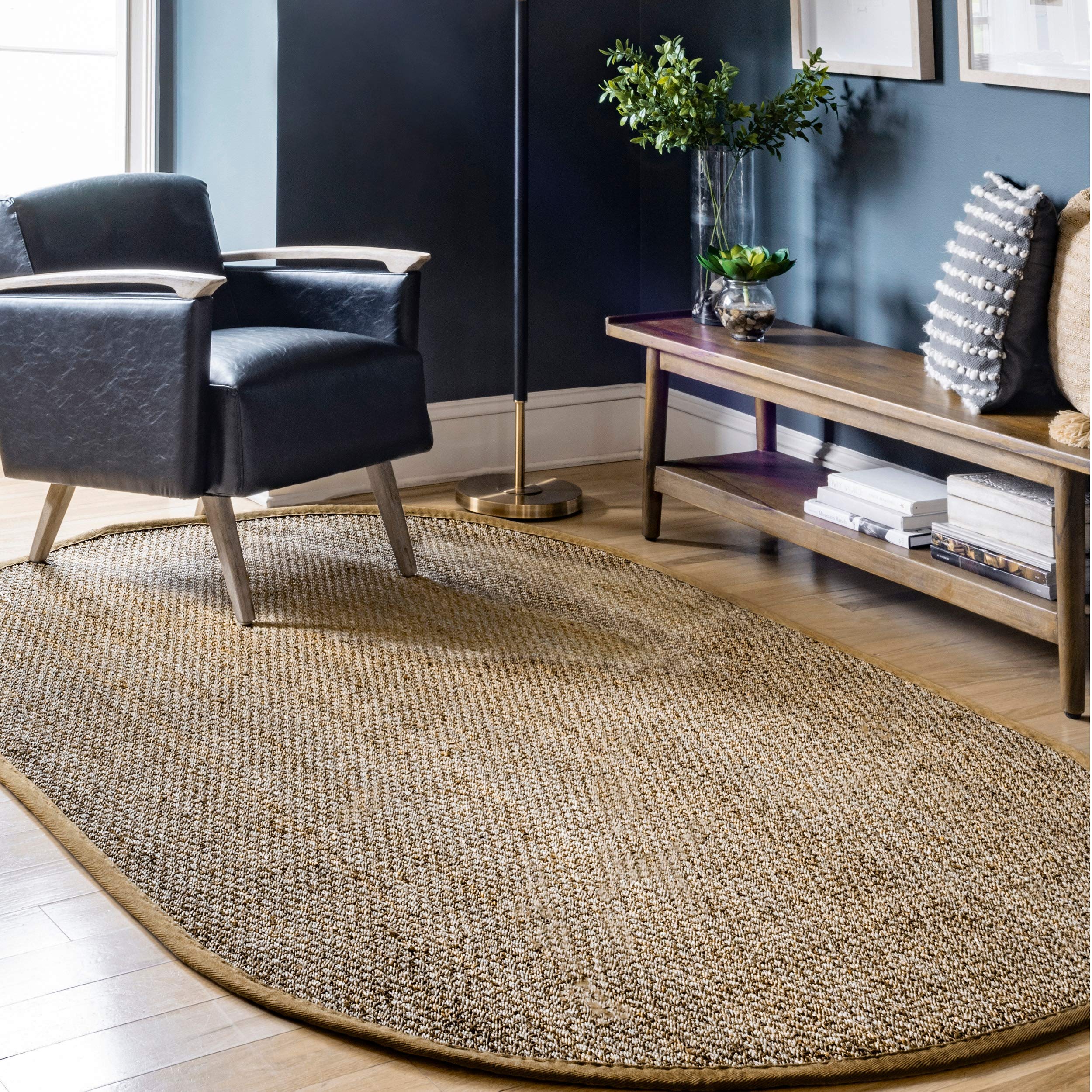 nuLOOM Oval 5x8 Elijah Seagrass Area Rug, Beige, Solid Farmhouse Style, Cotton Bordered, Basketweave, Natural Fiber, For Bedroom