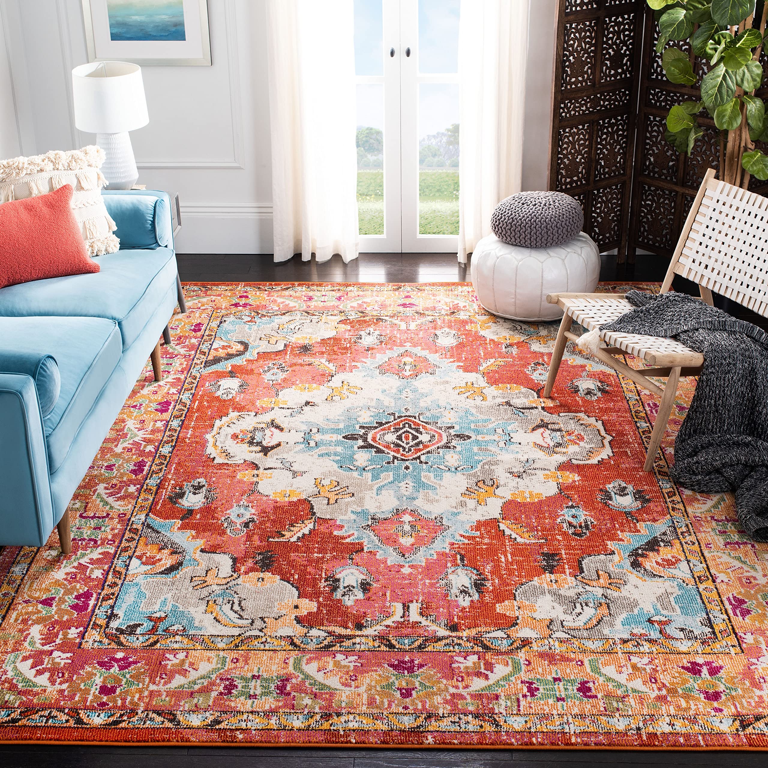 SAFAVIEH Monaco Collection Area Rug - 67 x 92, Orange & Light Blue, Boho Chic Medallion Distressed Design, Non-Shedding & Easy