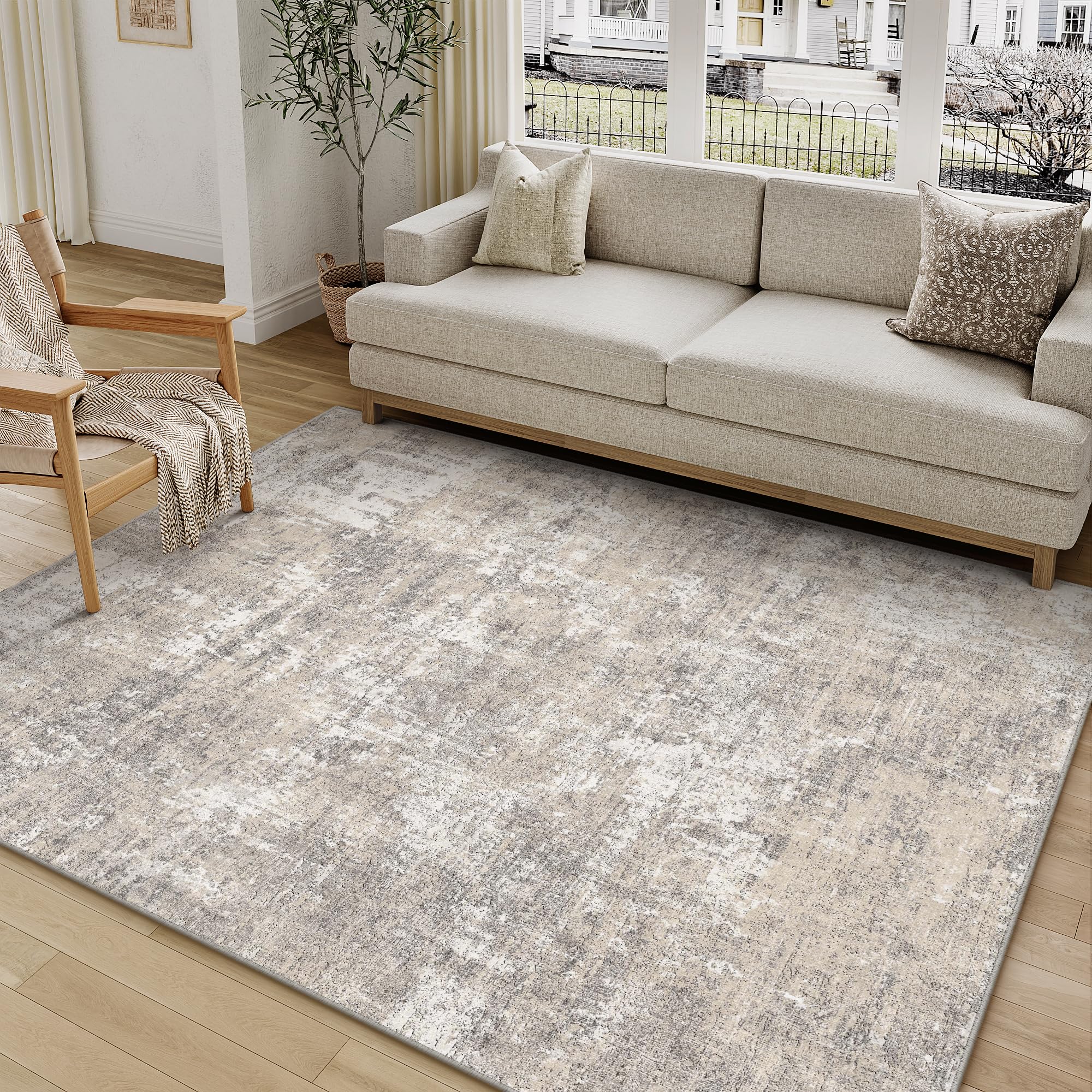 PureCozy Christmas Area Rug 5x7 Red Washable Living Room Carpet Retro Distressed Floral Holiday Decor Rug Non Slip Soft Decorati