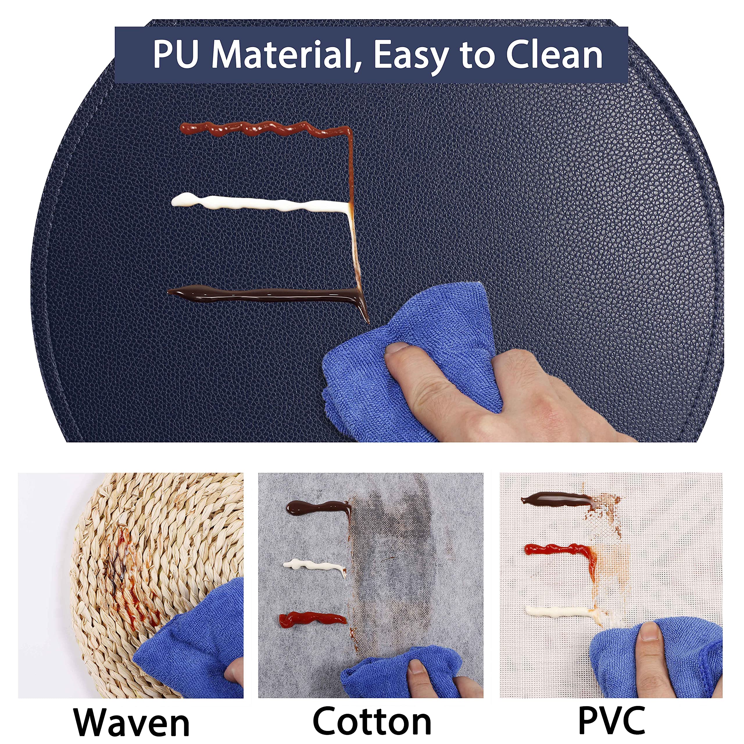 Jovono Navy Faux Leather Round Placemats And Coasters, Coffee Mats Kitchen Table Mats, Waterproof, Easy To Clean For Round Table