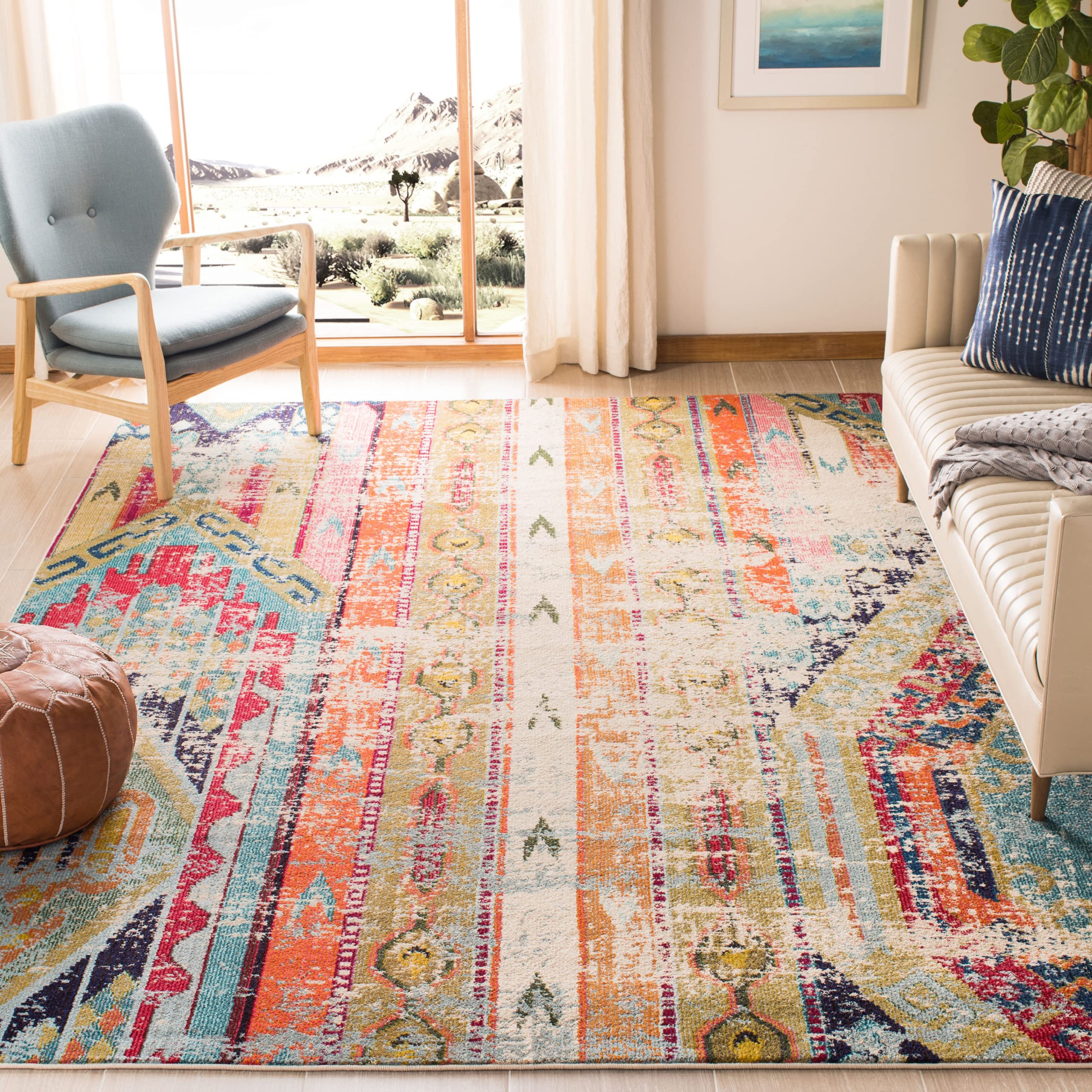 SAFAVIEH Monaco Collection 67 Square Multi MNC222F Boho Chic Tribal Distressed Non-Shedding Dining Room Entryway Foyer Living R