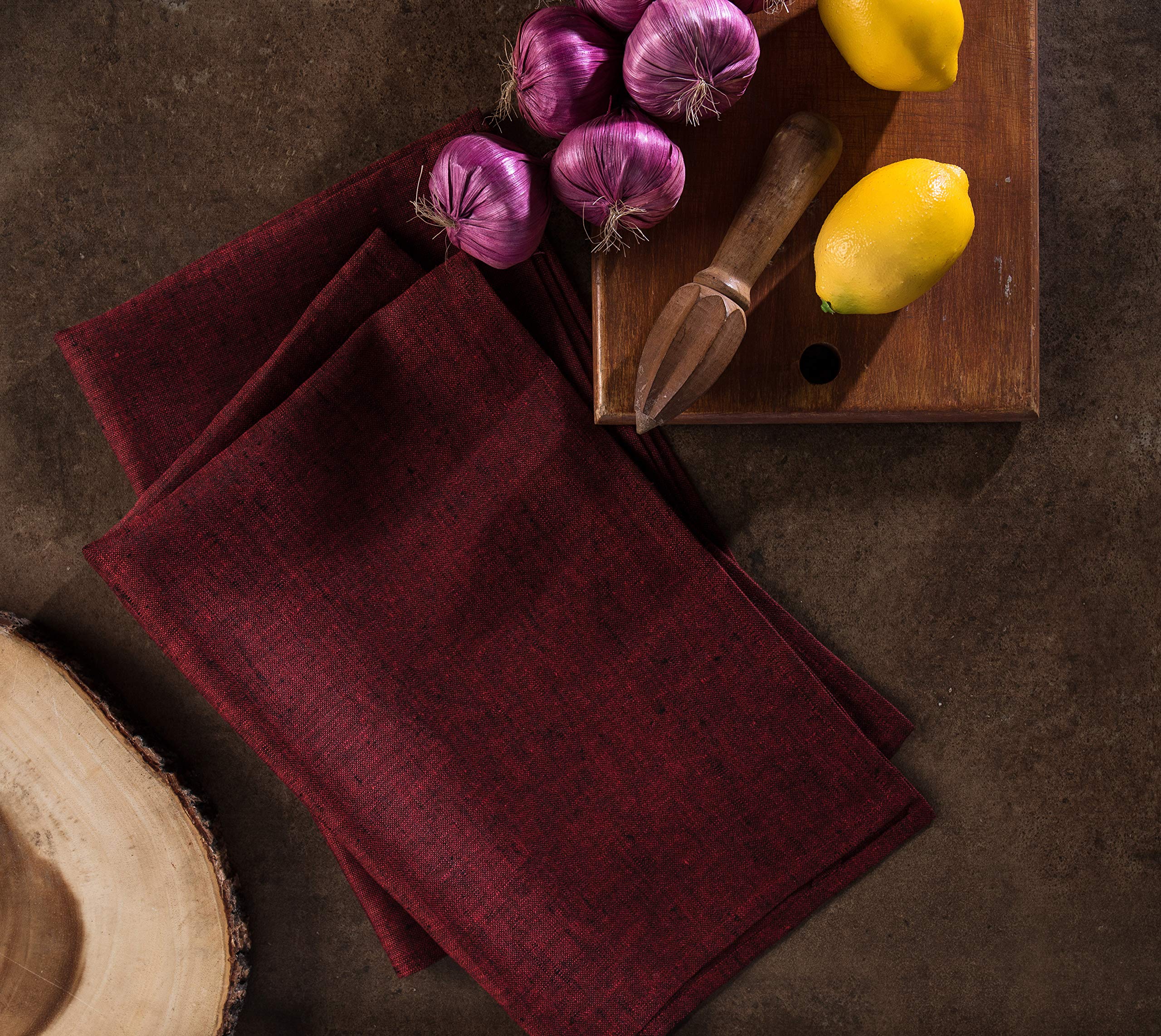 Solino Home Linen Kitchen Towels Set Of 2 - Red Garnet 17 X 26 Inch - 100% Pure Linen Kitchen/Tea Towels - Machine Washable And