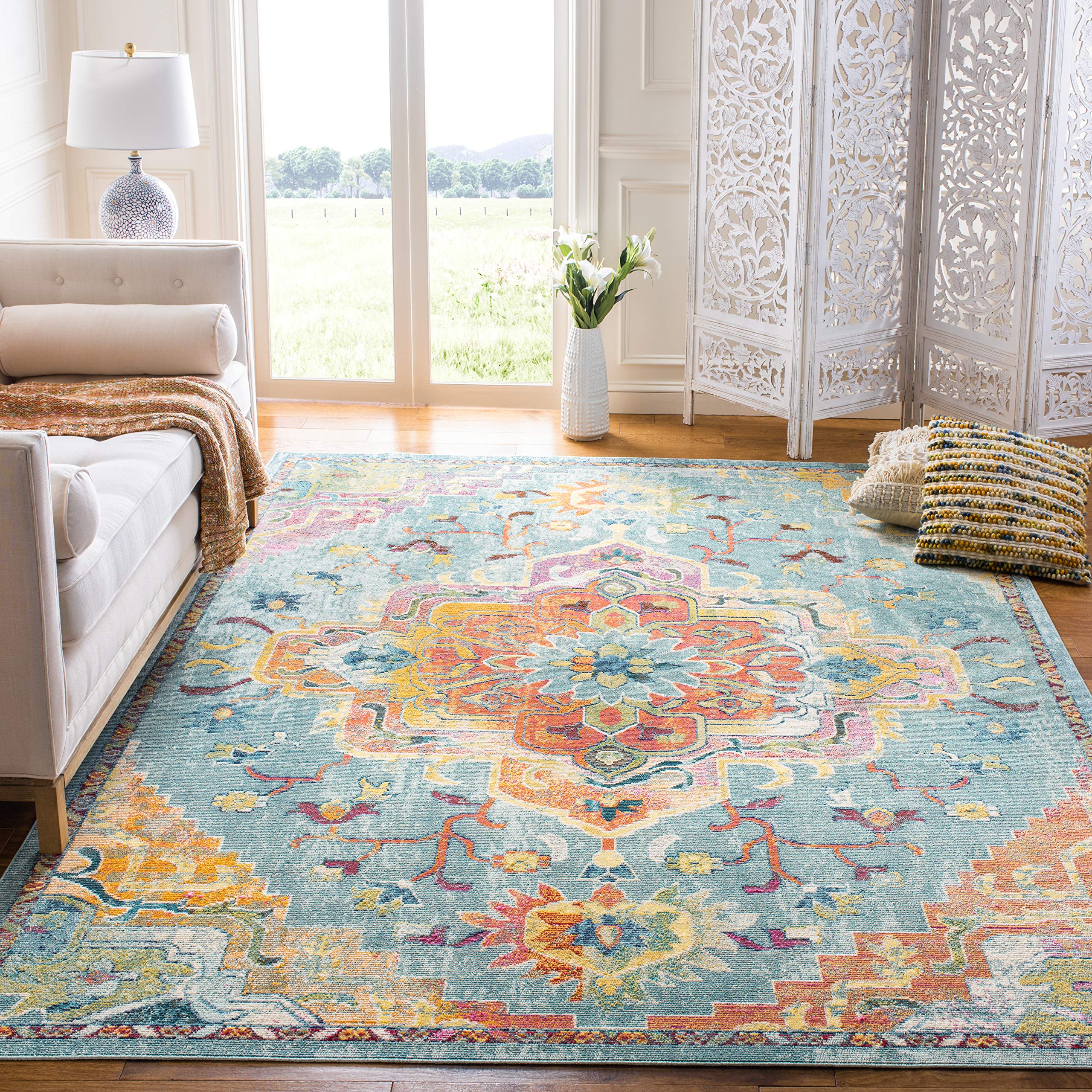 SAFAVIEH Crystal Collection 5 Square Teal/Orange CRS501J Boho Chic Oriental Medallion Distressed Non-Shedding Living Room Bedro