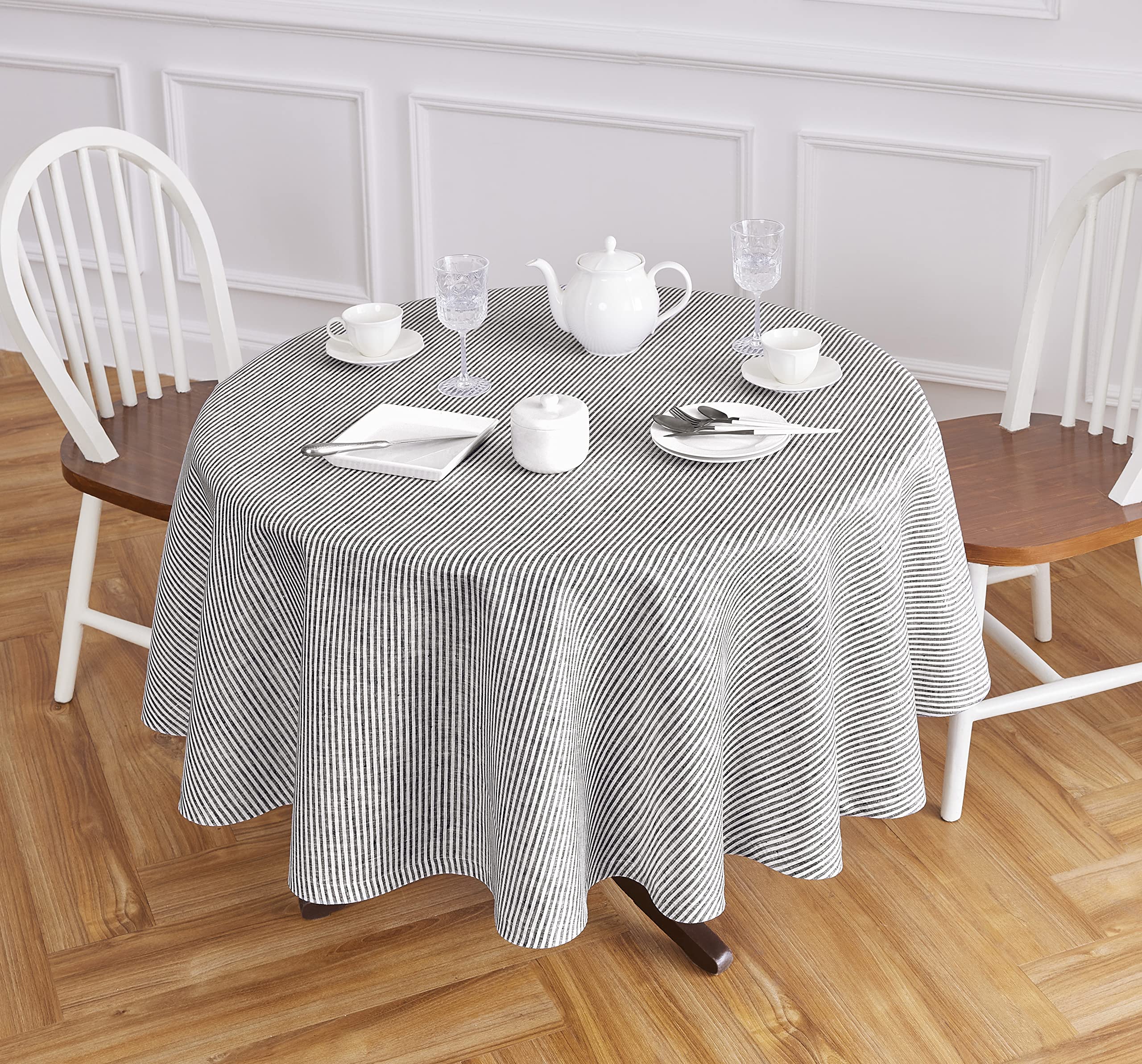 Solino Home Stripe Linen Round Tablecloth - 100% Pure Linen Black And White Tablecloth 70 Inch Diameter For Spring, Easter - Han