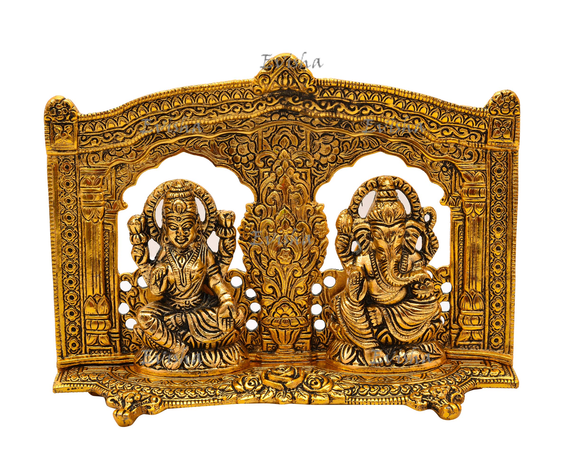 Evisha Golden Brass Lord Lakshmi/Ganesha Laxmi/Ganesh With Heavy Look Back Frame Statue Antique Finish Idols Murti Pooja Temple