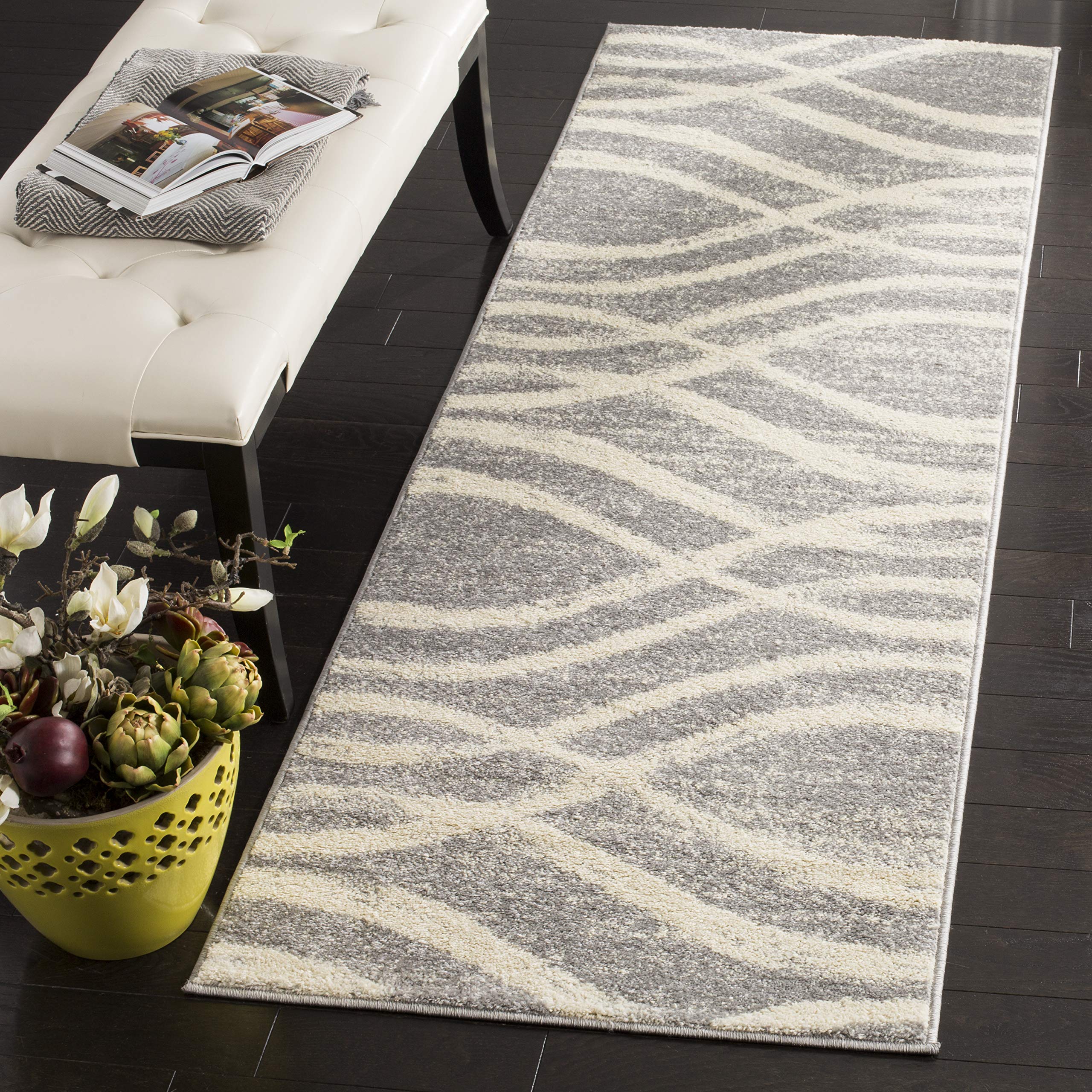 SAFAVIEH Adirondack Collection Runner Rug - 26 x 10, Grey & Cream, Modern Wave Distressed Design, Non-Shedding & Easy Care, Id