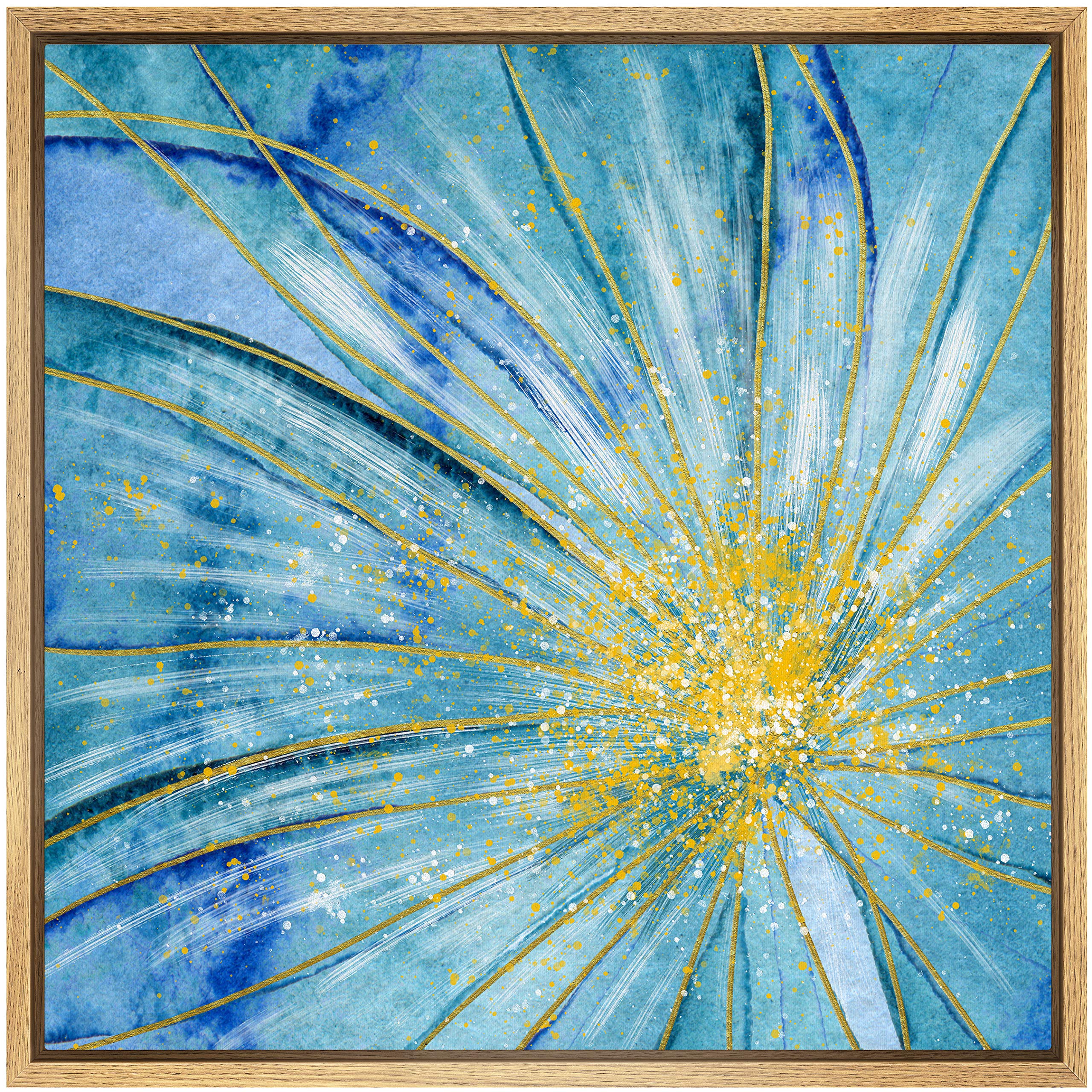 Signwin Framed Canvas Print Wall Art Blue Flower With Yellow Paint Dots Nature Wilderness Watercolor Modern Art Rustic Colorful