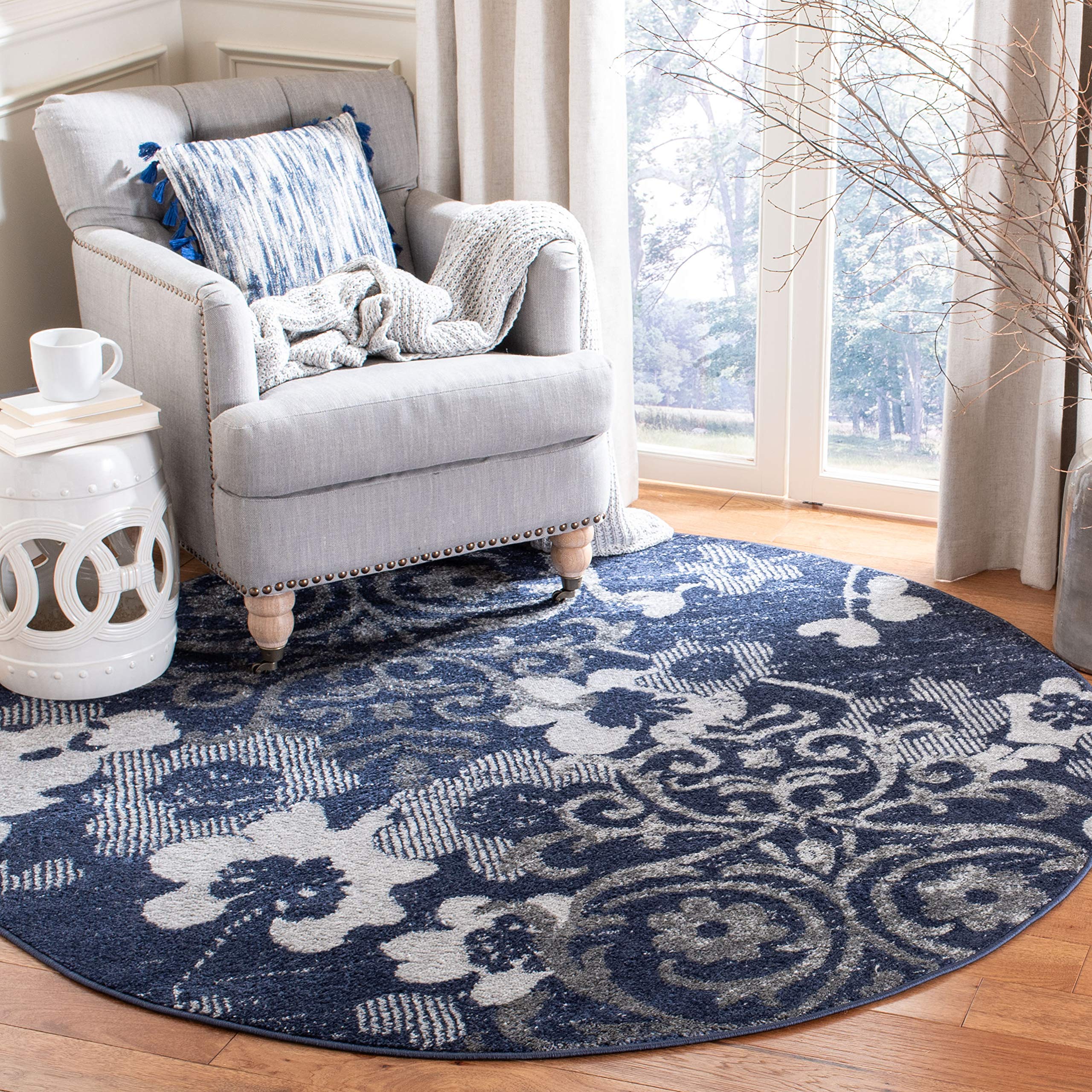 SAFAVIEH Adirondack Collection 8 Round Navy / Silver ADR114N Floral Glam Damask Distressed Non-Shedding Living Room Bedroom Are
