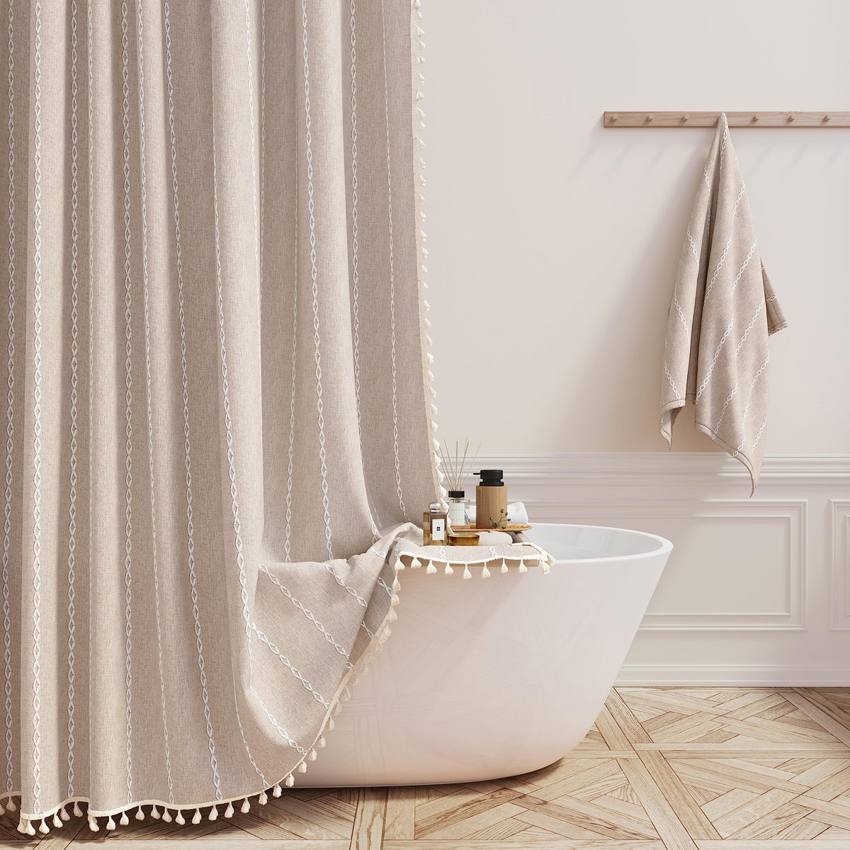 Bttn 78 Inch Long Shower Curtain, Boho Farmhouse Linen Ultra Thick Striped Fabric Shower Curtain Set With Plastic Hooks, Tall Ru