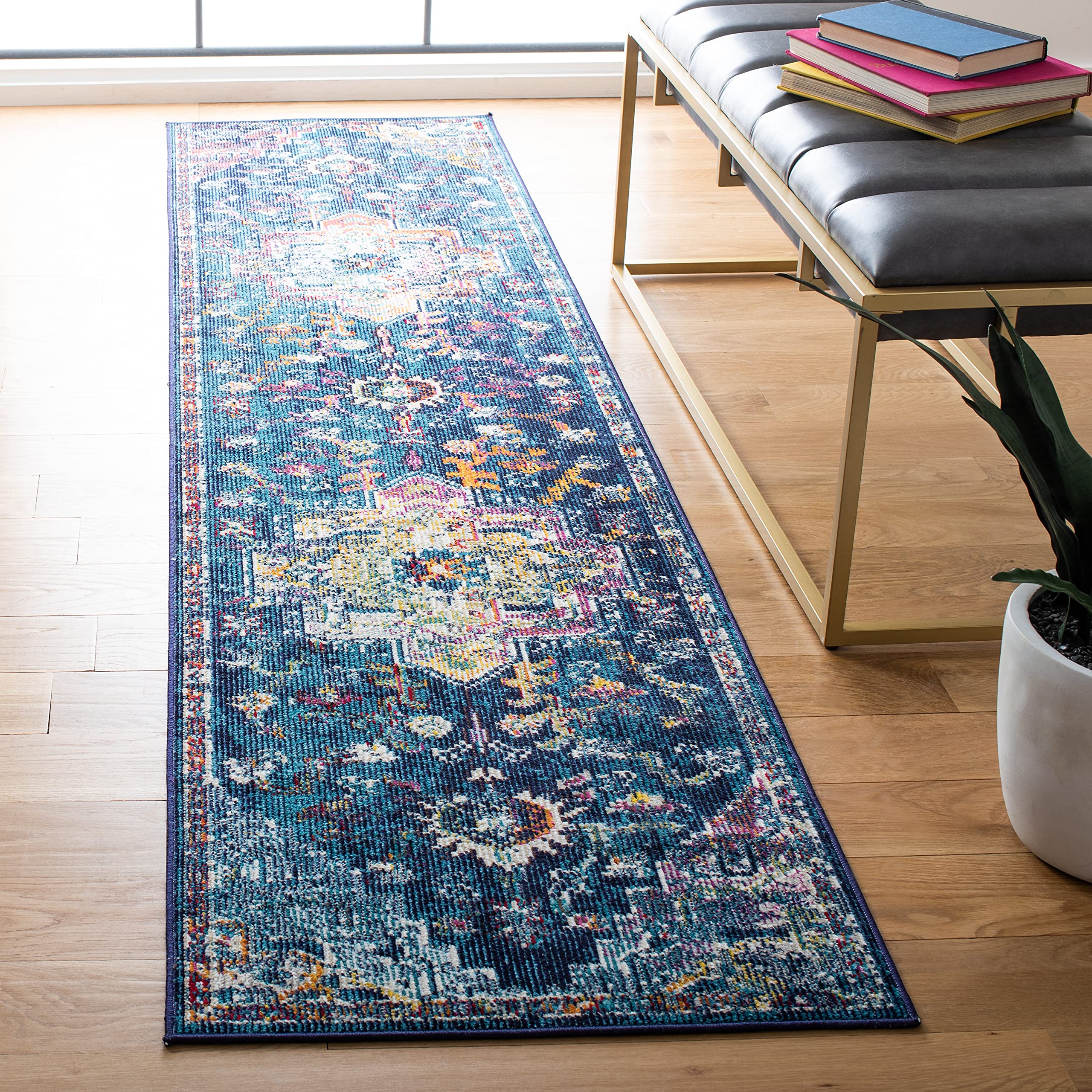 SAFAVIEH Crystal Collection Runner Rug - 22 x 9, Navy & Fuchsia, Medallion Distressed Design, Non-Shedding & Easy Care, Ideal 