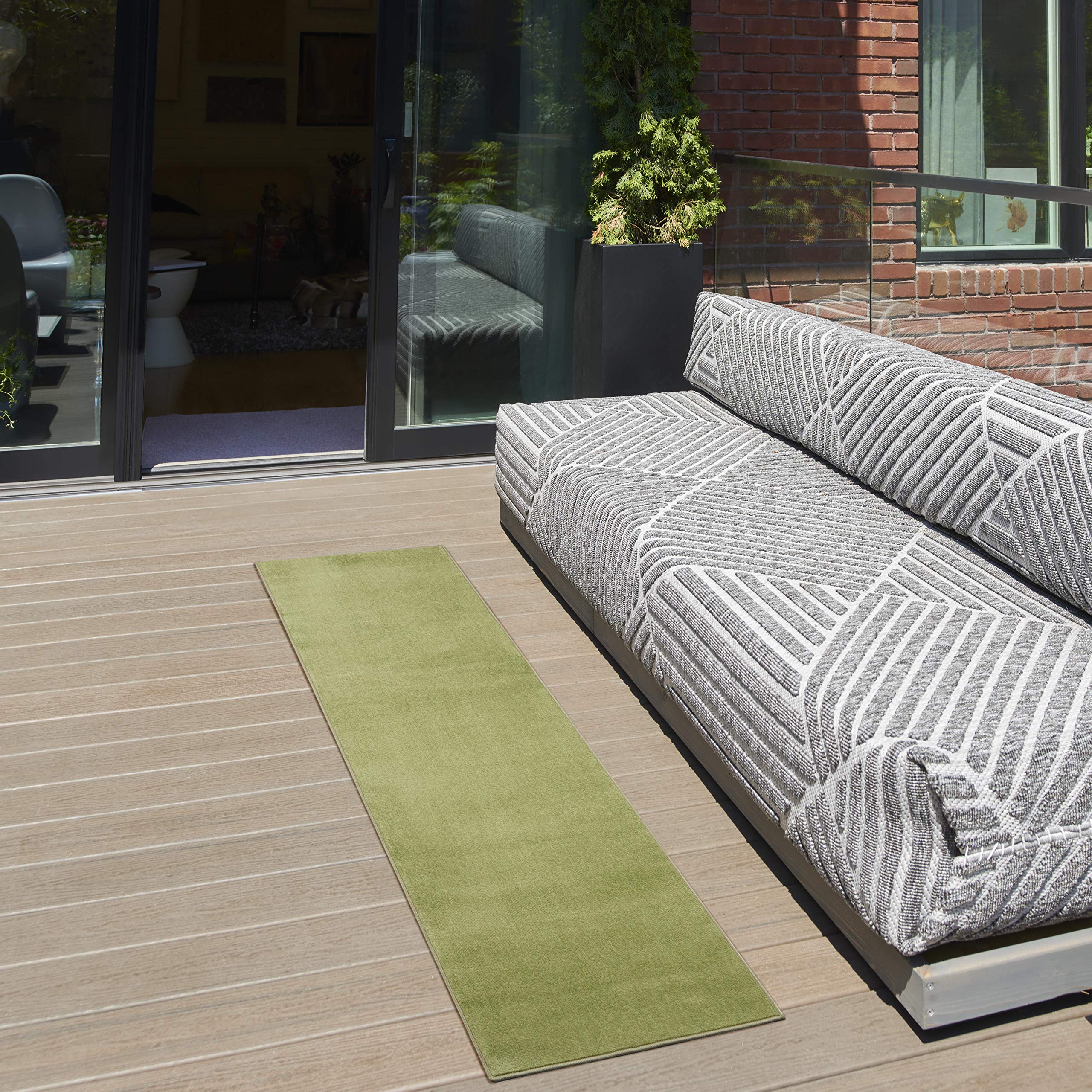 Nourison Essentials Indoor/Outdoor Green 22 x 10 Area-Rug, Easy-Cleaning, Non Shedding, Bed Room, Living Room, Dining Room,