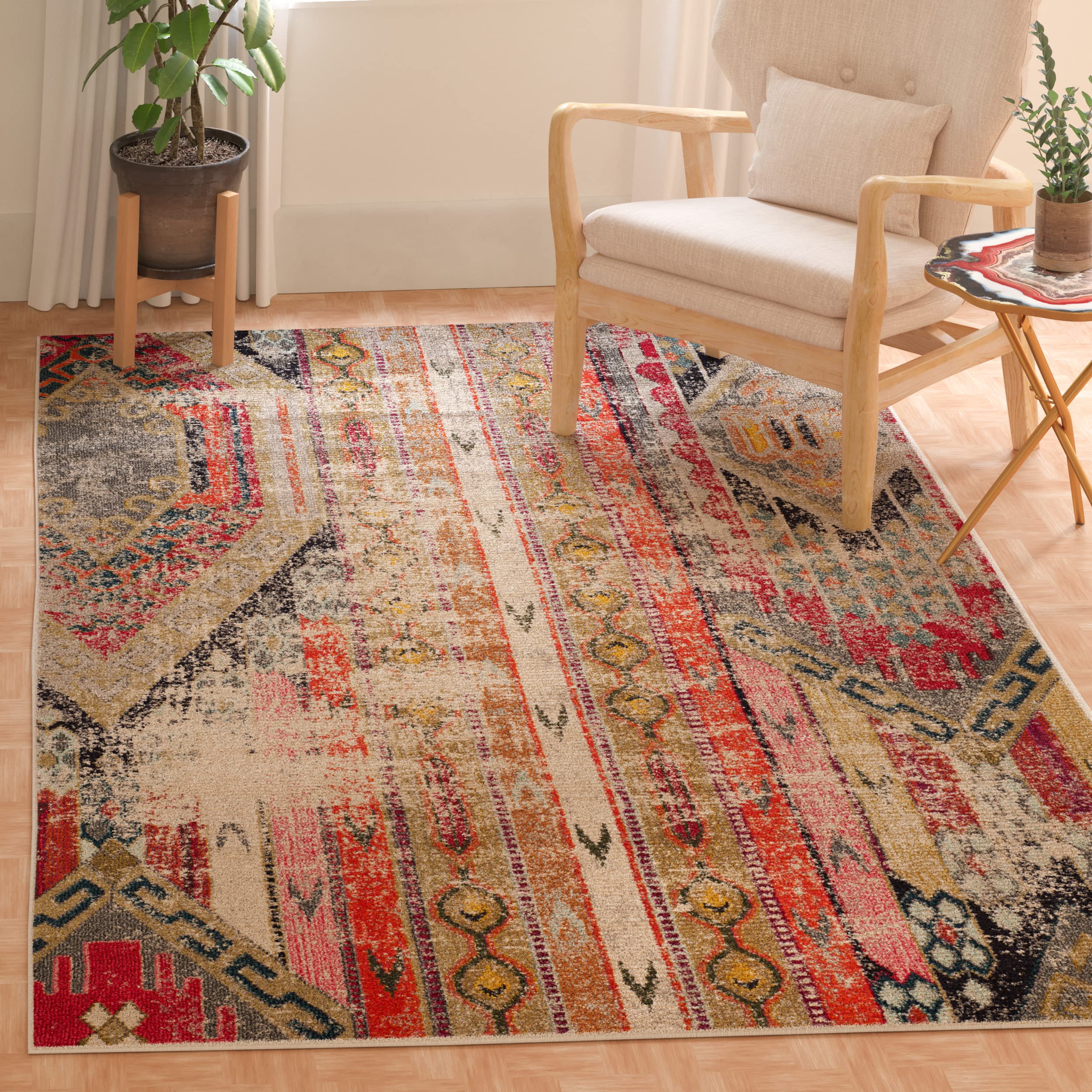 SAFAVIEH Monaco Collection Area Rug - 4 Square, Light Grey & Multi, Boho Chic Tribal Distressed Design, Non-Shedding & Easy Car