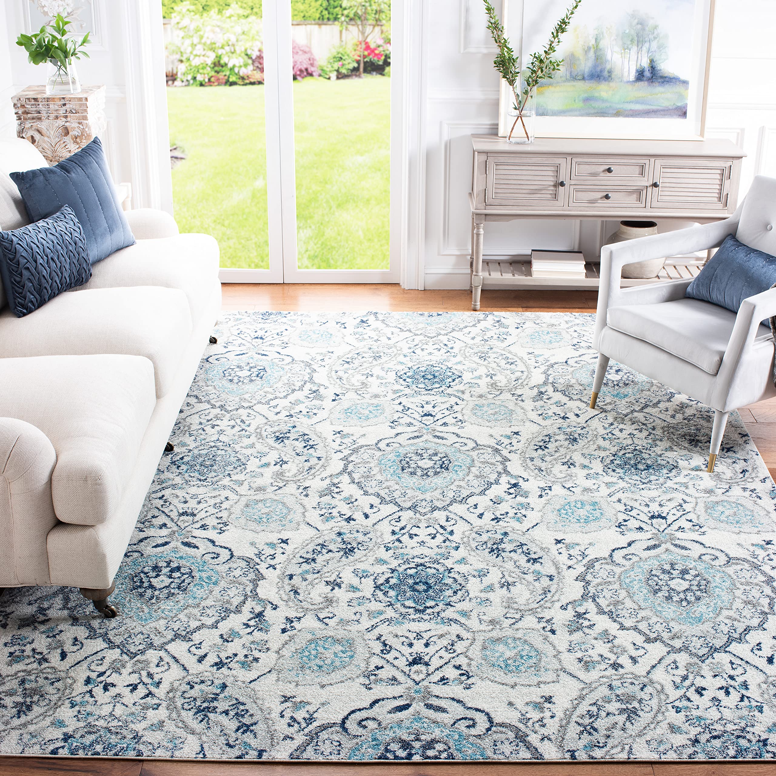 SAFAVIEH Madison Collection Area Rug - 8 Square, Cream & Light Grey, Boho Chic Glam Paisley Design, Non-Shedding & Easy Care, I