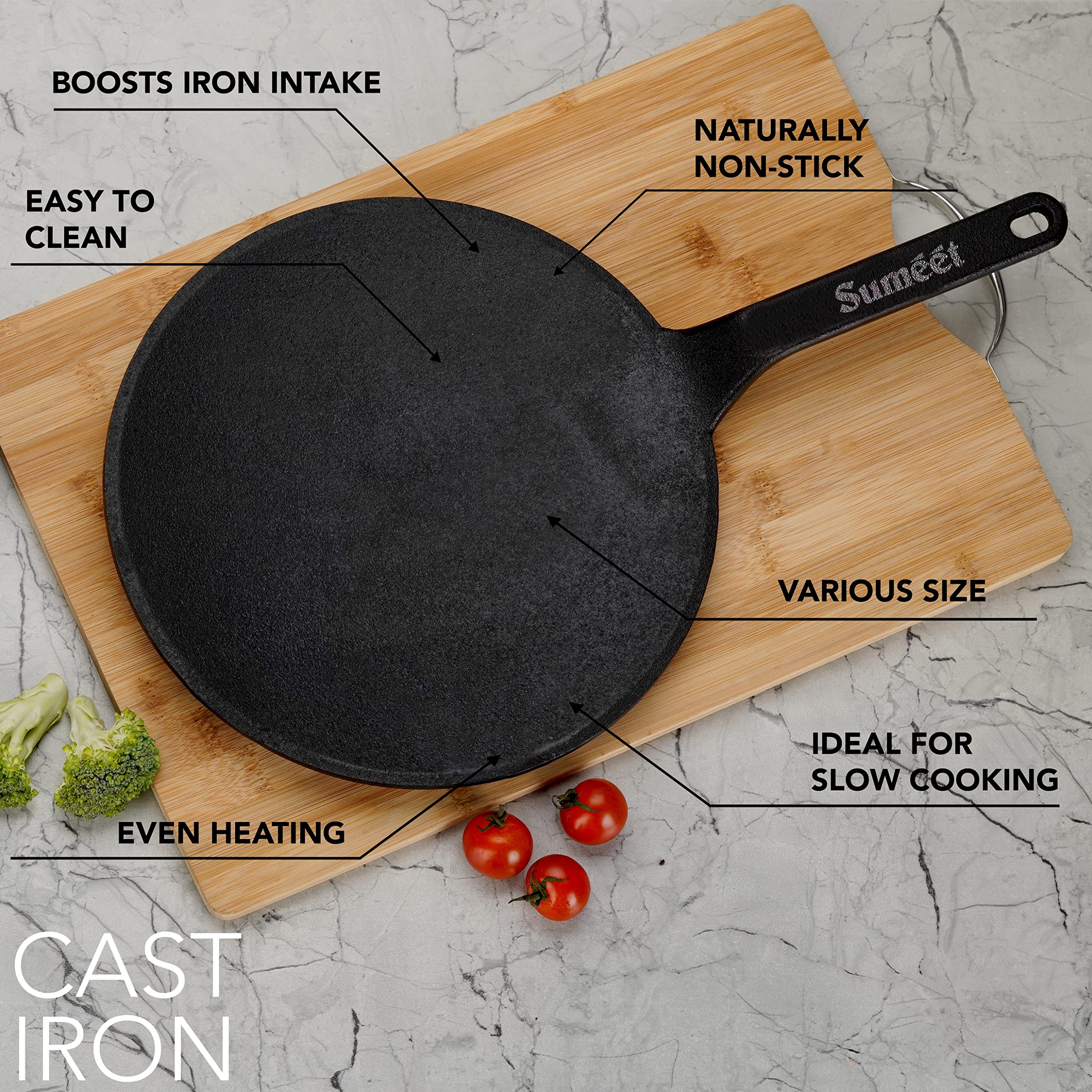 Sumeet Pre Seasoned Cast Iron Roti/Chapati Tawa, 25.6Cm, Weight- 1.690Kg, Black