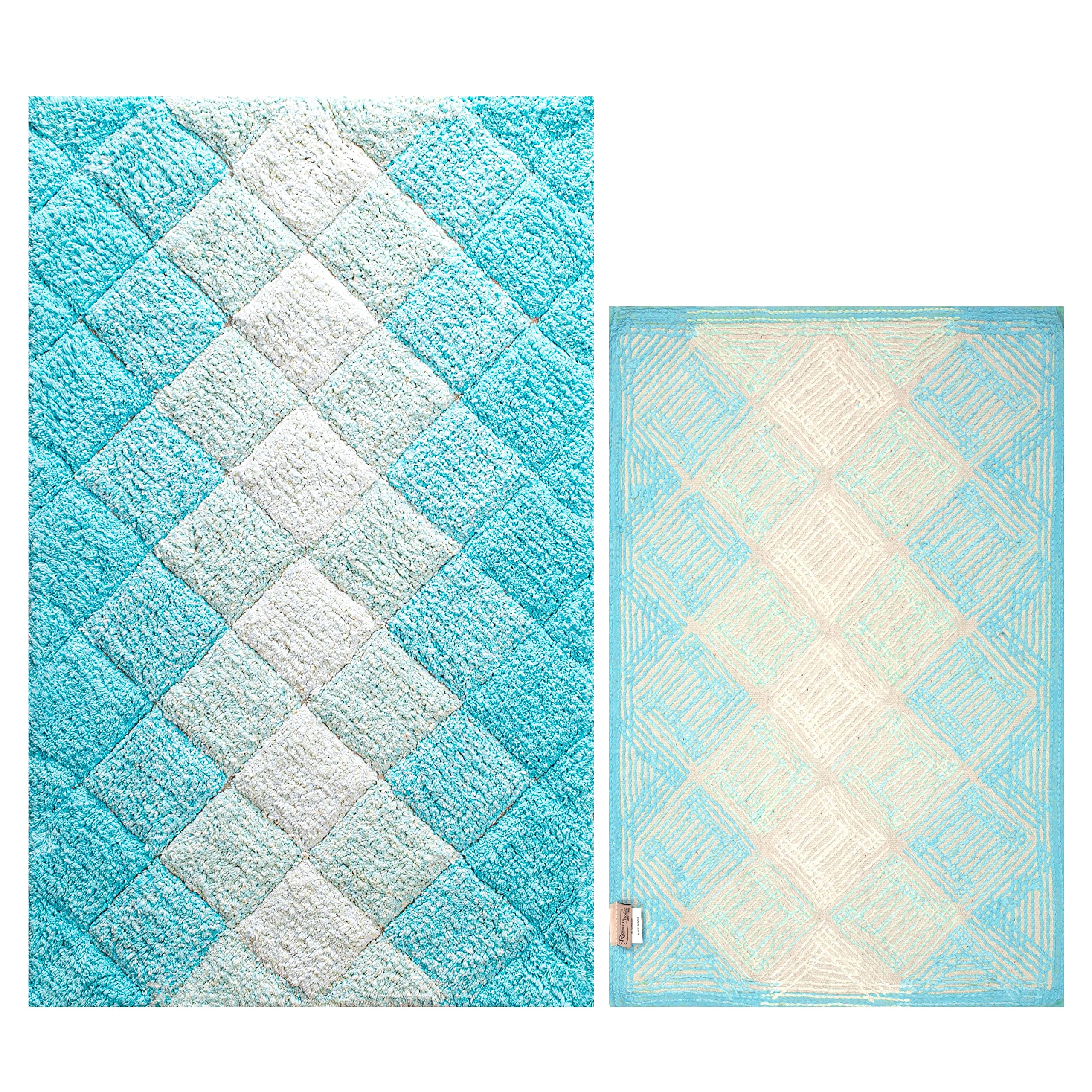 Non Slip Bath Rugs For Bathroom, Set 2 Piece In 100% Cotton Albany Inspired Bath Rugs 21X32/17X34,Aqua Turq Combo,Cotton Bath Ma