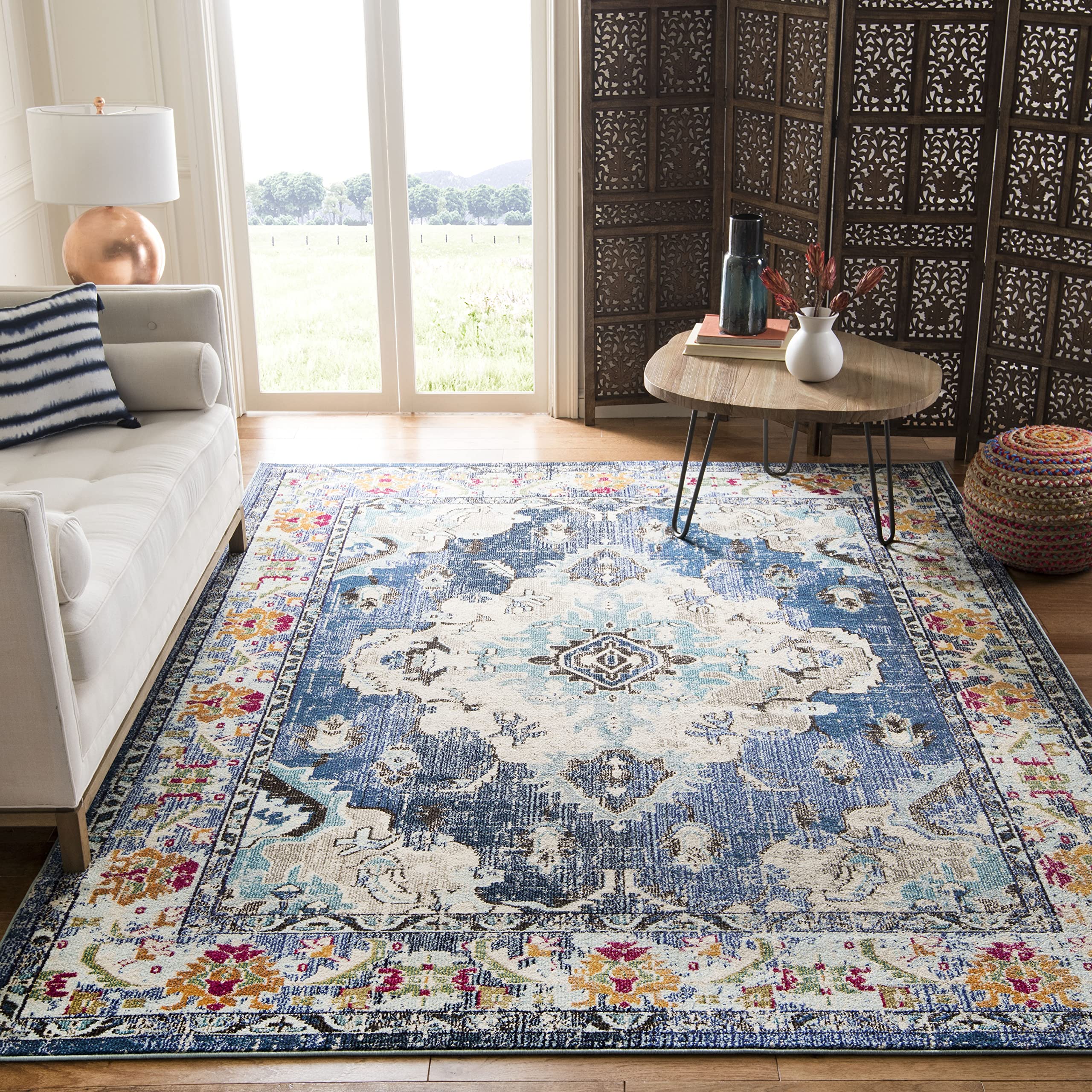SAFAVIEH Monaco Collection Area Rug - 8 Square, Navy & Light Blue, Boho Chic Medallion Distressed Design, Non-Shedding & Easy C