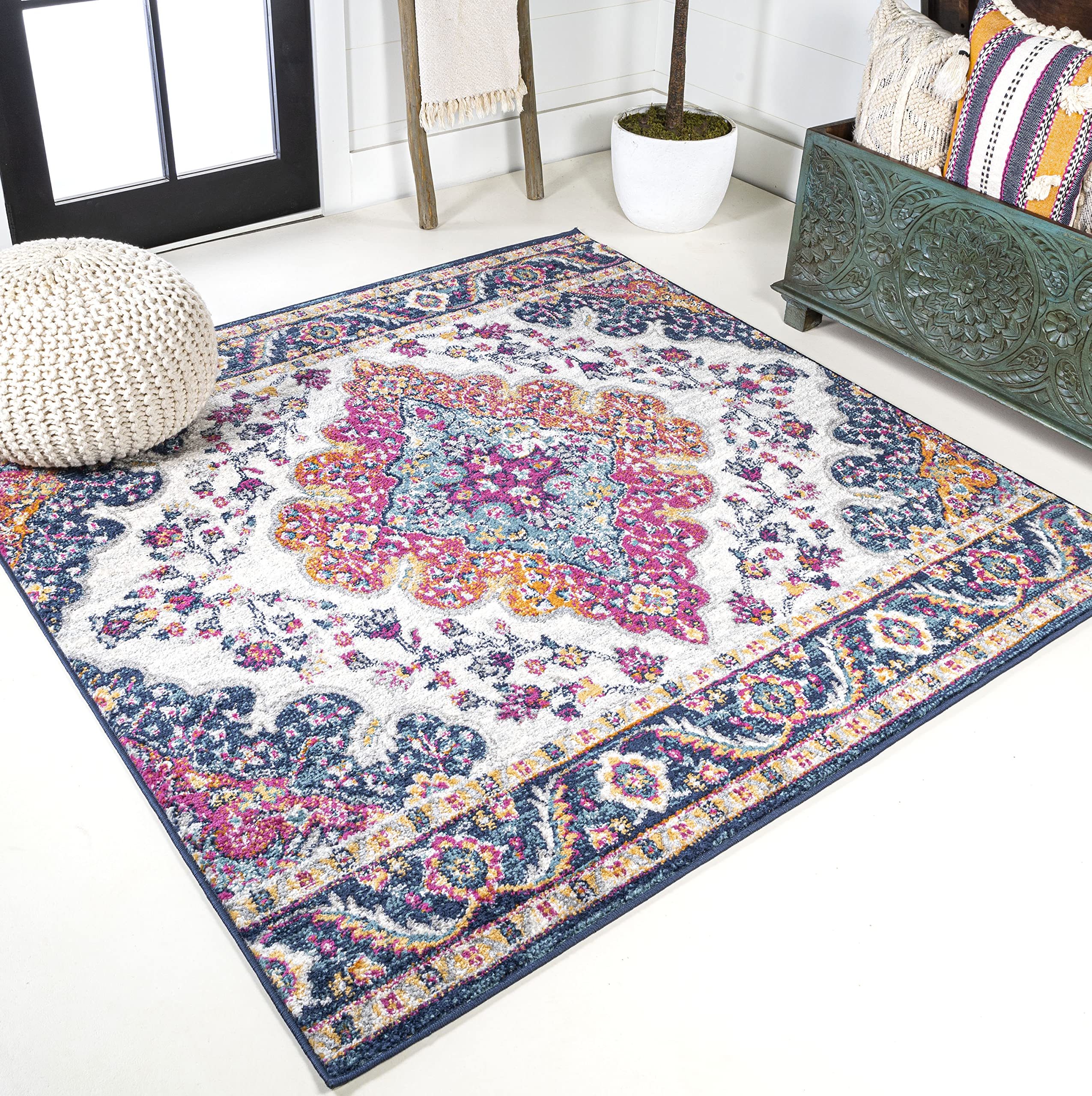 JONATHAN Y BMF106A-3SQ Bohemian Flair Boho Vintage Medallion Blue/Multi 3 Square Area Rug for Bedroom, Kitchen, Living Room, Of