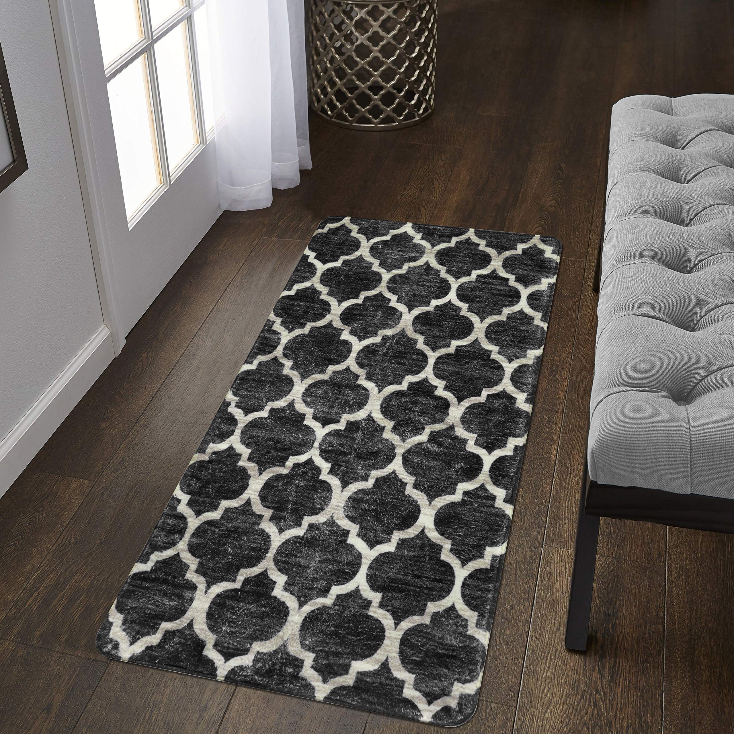 Lahome Moroccan Washable Area Rug - 2x4 Non Slip Black Hallway Runner Rug, Laundry Throw Rug and Mat for Laundry Room, Washabl