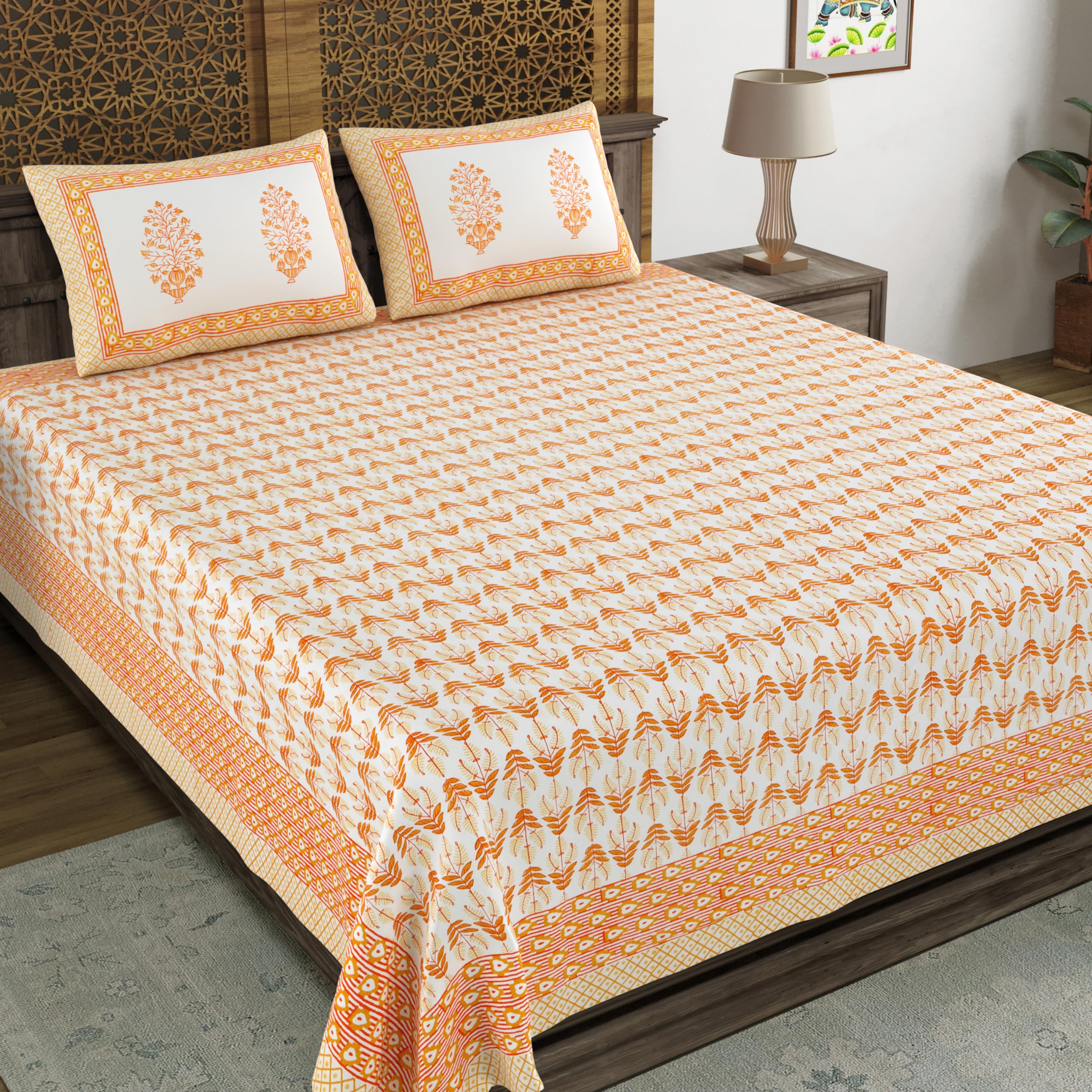 Blocks Of India Hand Block Printed 200 Tc Cotton King Size Bedsheet (Orange Leaf)