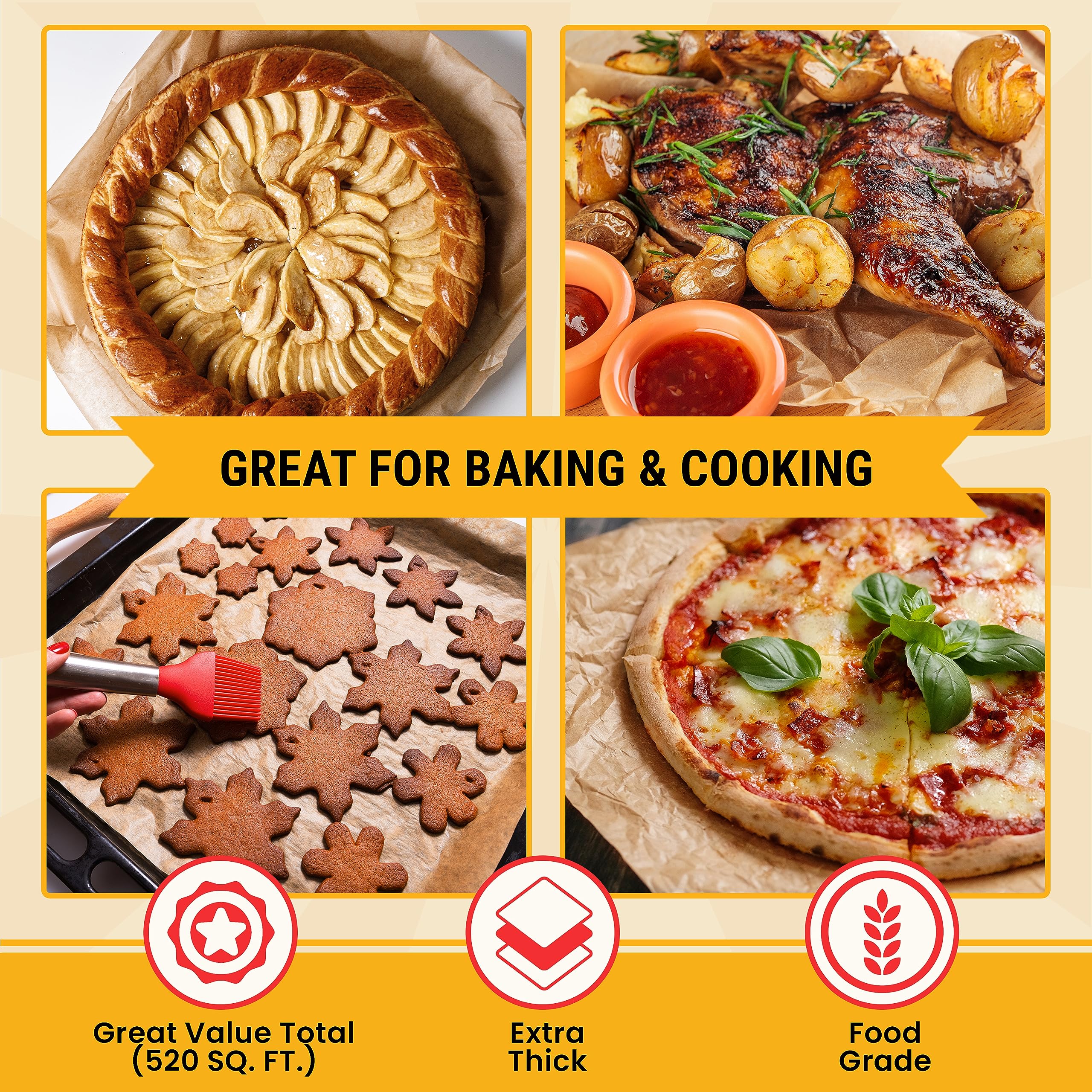 Unbleached Parchment Paper For Baking - 2-Pack 520 Sq.Ft Total - 15 In X 210 Ft Baking Paper Roll With Cutter, Non-Stick Brown P