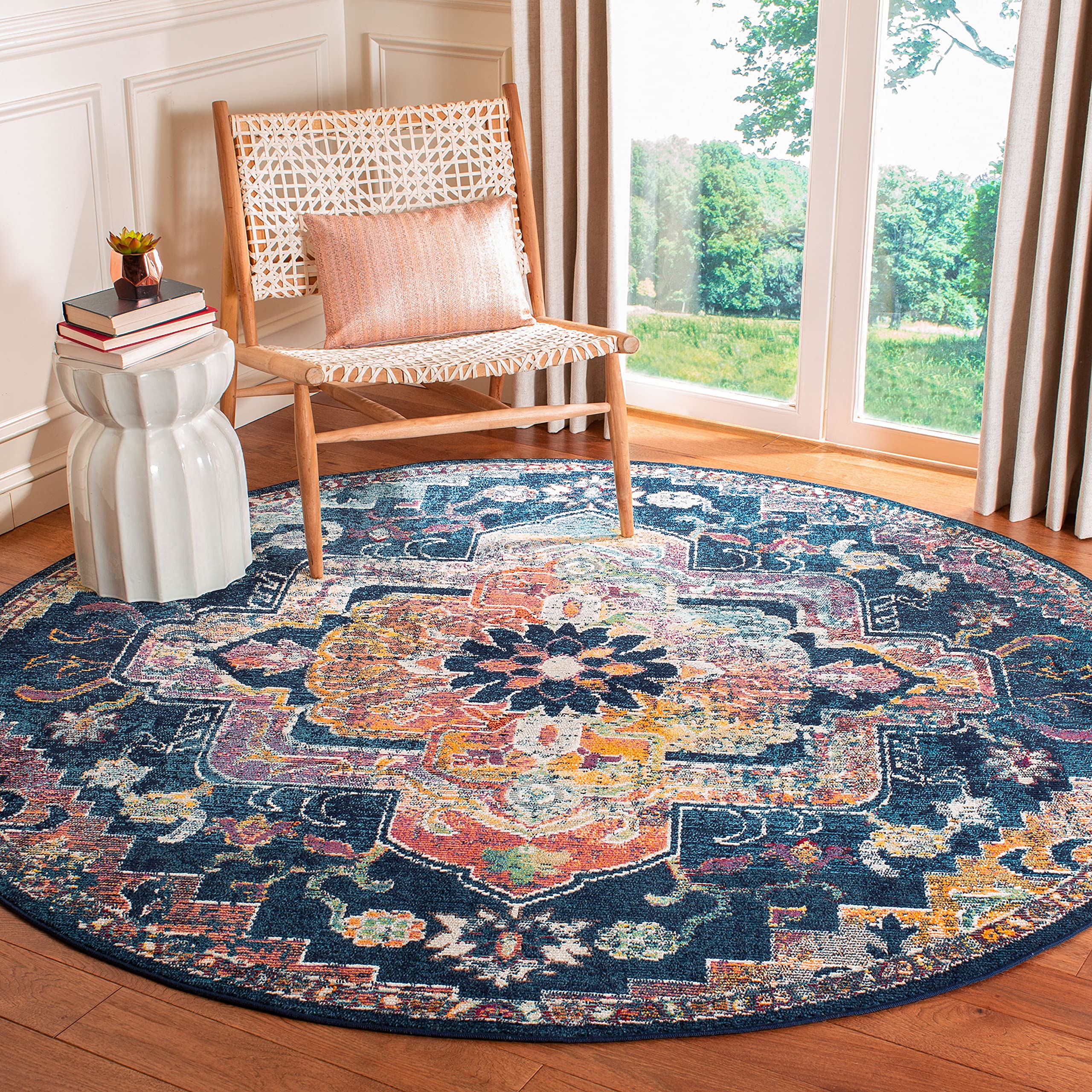 SAFAVIEH Crystal Collection 5 Round Navy / Fuchsia CRS501H Boho Chic Oriental Medallion Distressed Non-Shedding Dining Room Ent