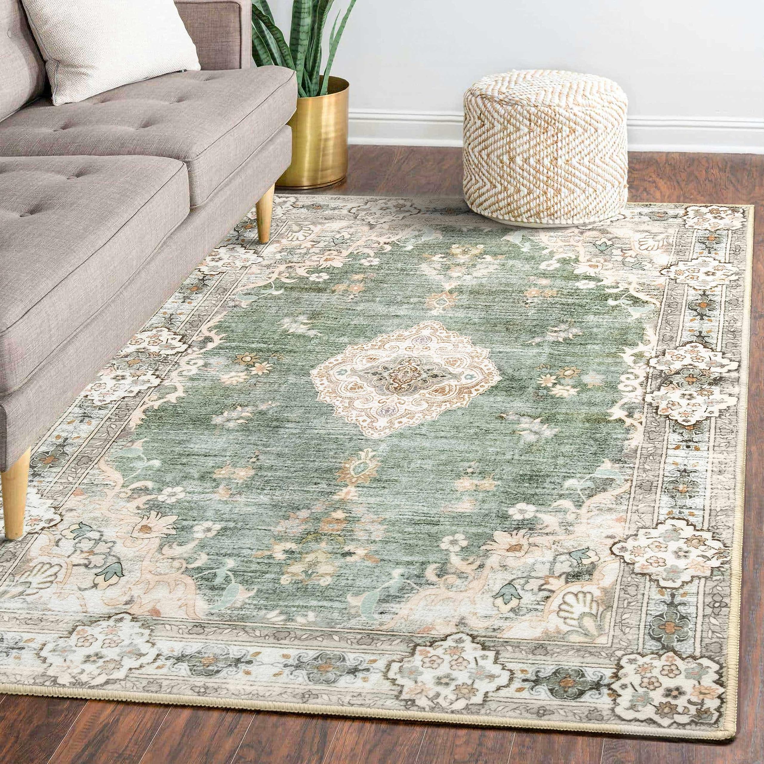 MUJOO 5x7 Area Rugs Green Machine Washable Rugs Living Room Rugs Boho Area Rug for Bedroom Laundry Room Kitchen Non Slip Carpe