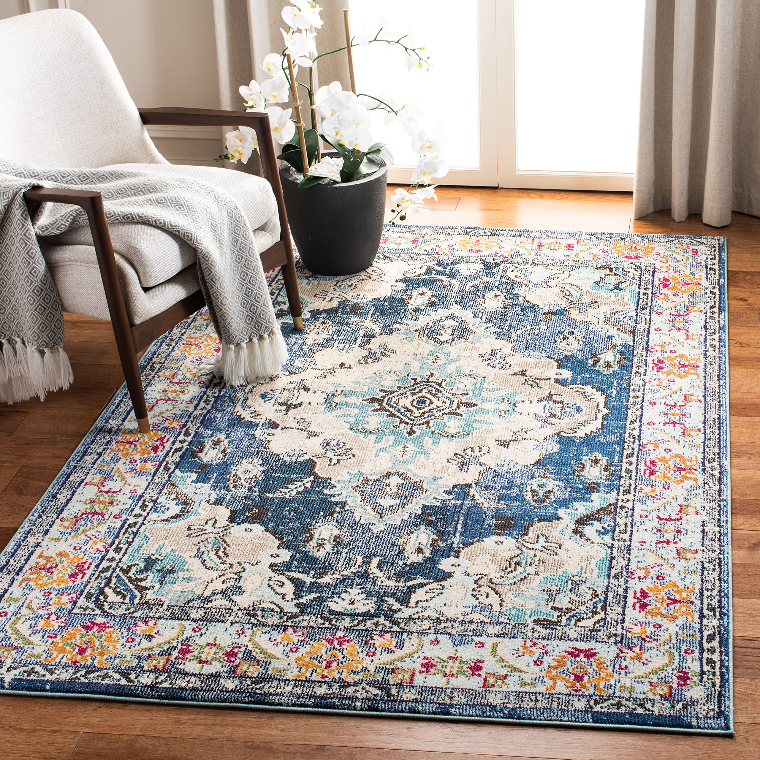 SAFAVIEH Monaco Collection Area Rug - 4 Square, Navy & Light Blue, Boho Chic Medallion Distressed Design, Non-Shedding & Easy C