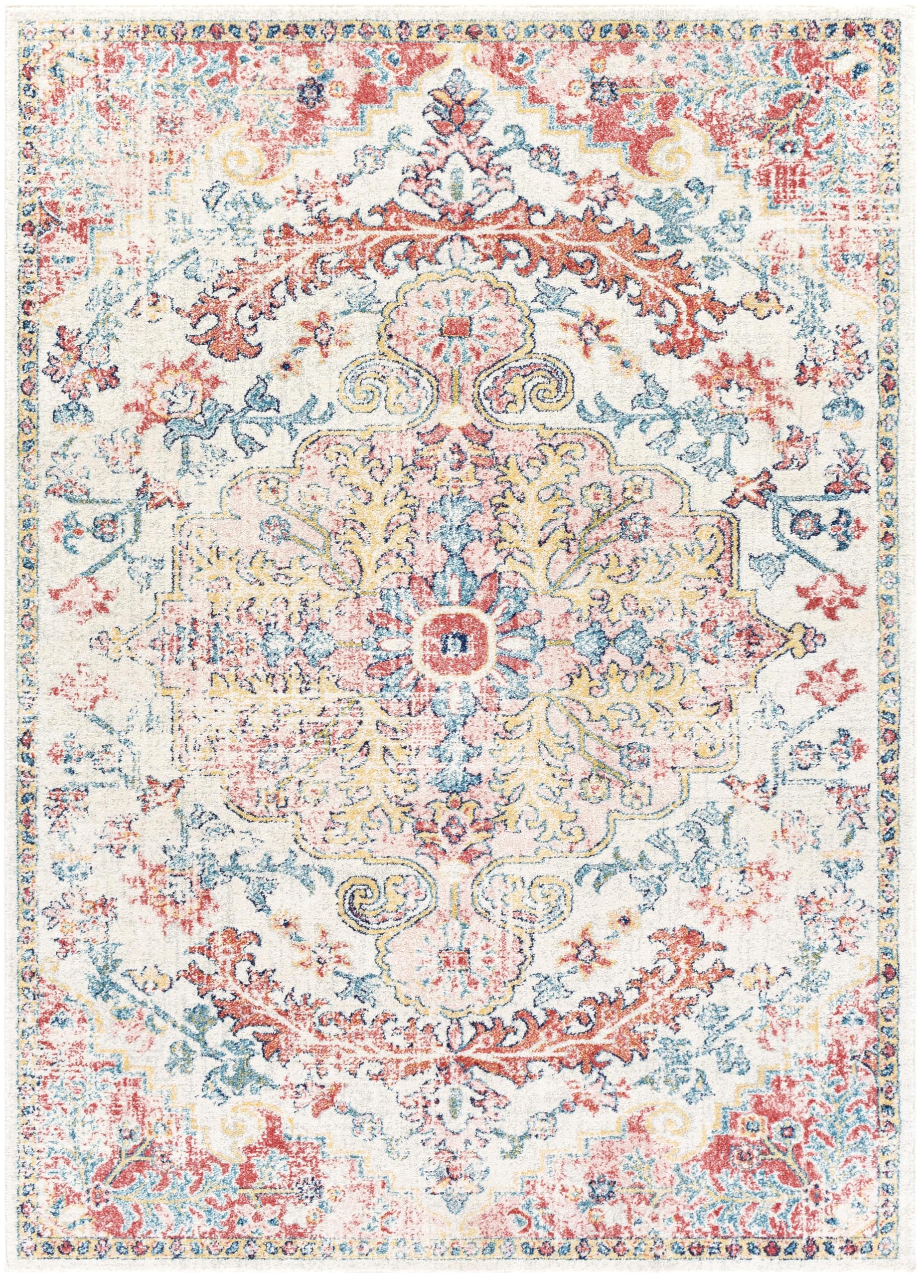 Livabliss Area Rugs - 5x7 Odelia Vintage Boho Red Off-White Blue Area Rug for Living Room Bedroom - Floral Medallion Stain Resis