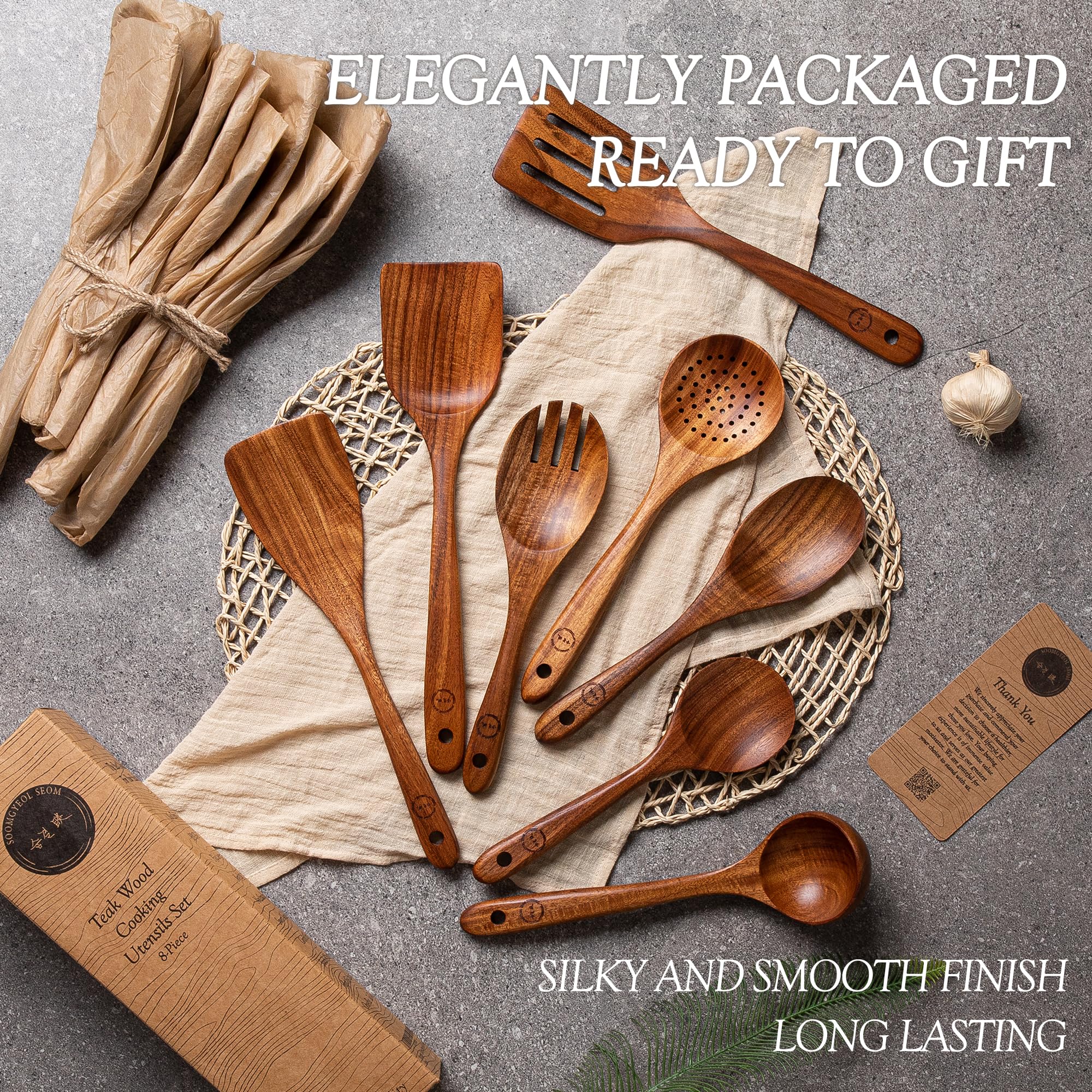 Wooden Spoons For Cooking - 8 Pcs Teak Wood Cookware Utensil Set With Smooth Finish - Non-Stick, Comfortable Grip - Durable, Hea