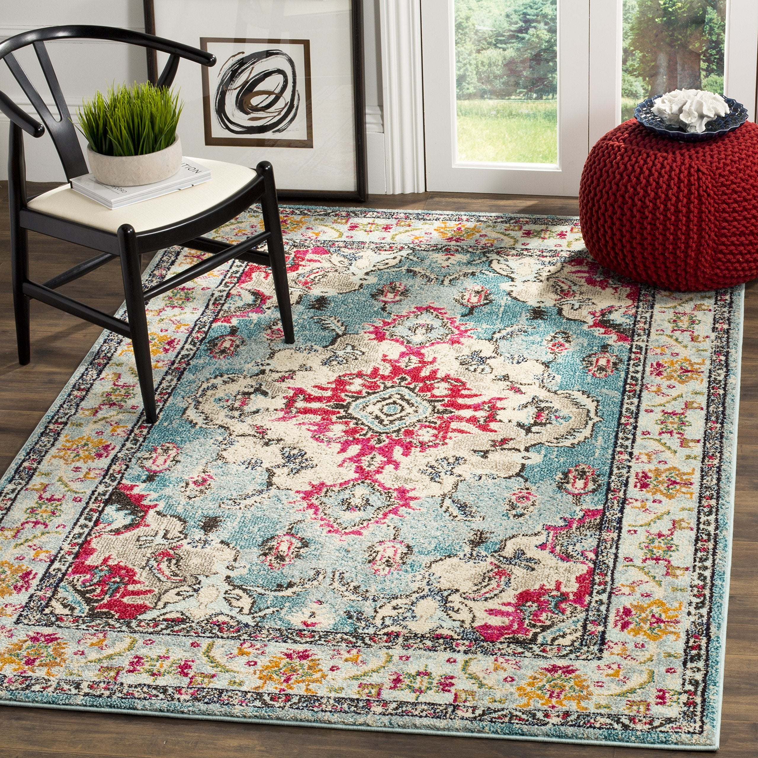 SAFAVIEH Monaco Collection 3 x 5 Light BlueFuchsia MNC243J Boho Chic Medallion Distressed Non-Shedding Living Room Bedroom Acc